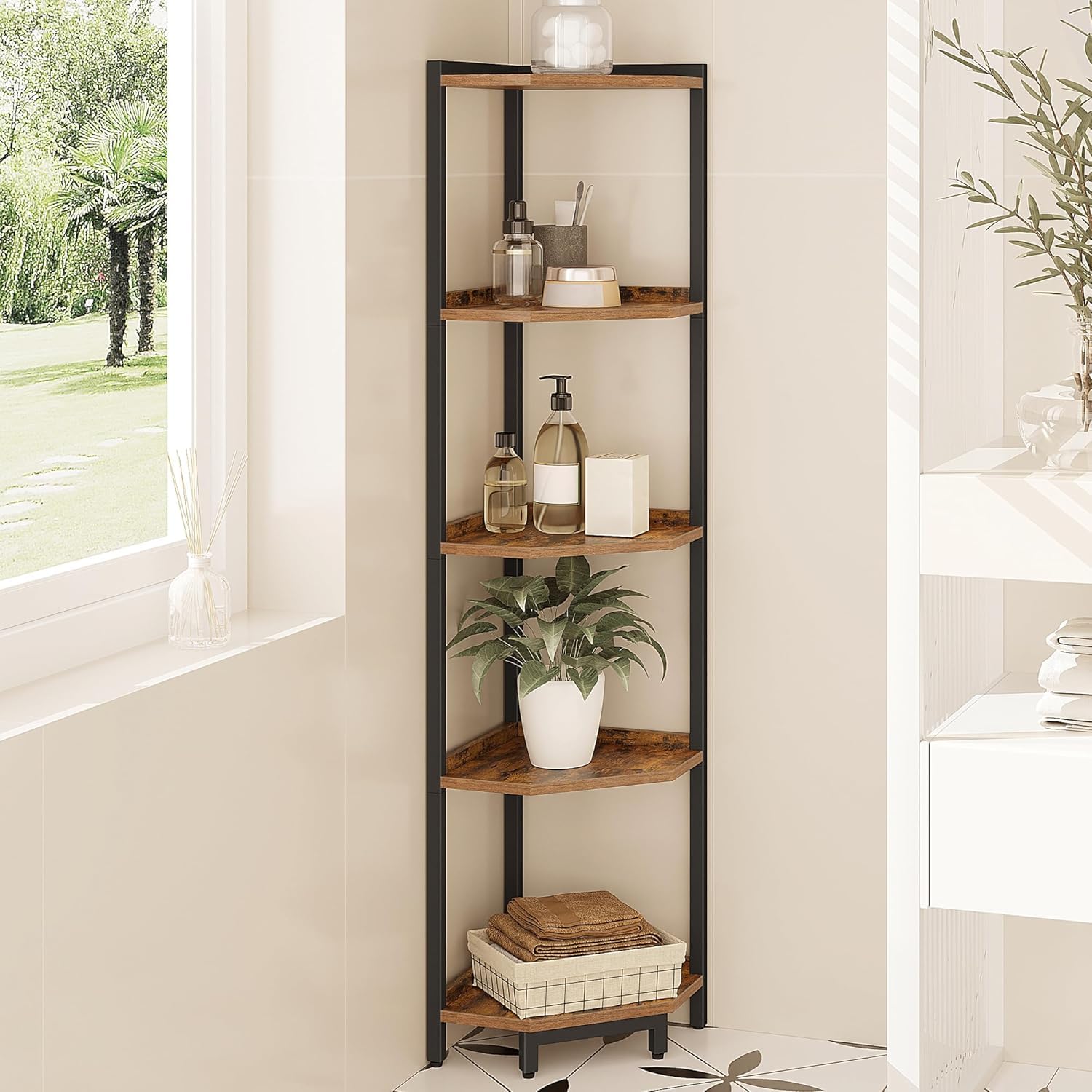 Hzuaneri Corner Shelf Stand, Corner Bookshelf, Storage Standing Shelf Unit with Metal Frame, Plant Stand, Bookcase for Living Room, Home Office, Bedroom, 6-Tier Rustic Brown CS06001B