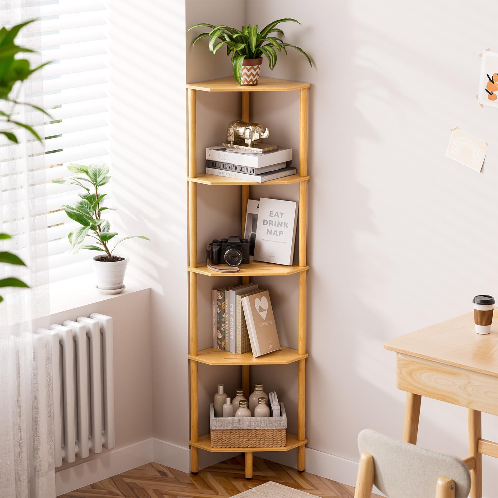 Corner Shelf Stand, 4 Tier Corner Bookshelf, Bamboo Storage Standing Shelf Unit, Tall Storage Plant Stand,Bookcase for Living Room, Home Office, Bedroom, Kitchen, Black