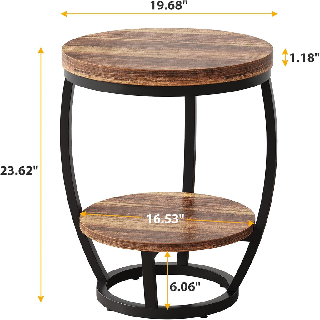 Round End Table, 2 Tier Industrial Side Table, Nightstand with Metal Frame, Accent Bedside Table with Storage Shelves for Living Room, Bedroom, Small Spaces, Rustic Brown & Black