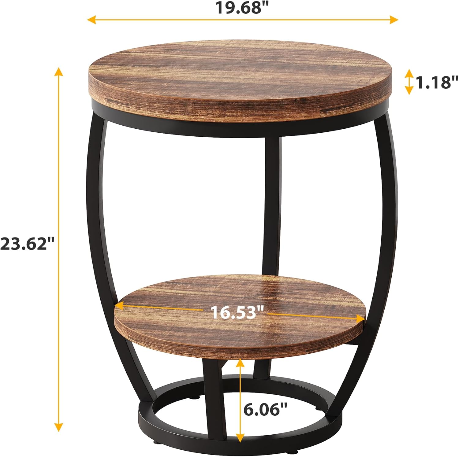 Round End Table, 2 Tier Industrial Side Table, Nightstand with Metal Frame, Accent Bedside Table with Storage Shelves for Living Room, Bedroom, Small Spaces, Rustic Brown & Black