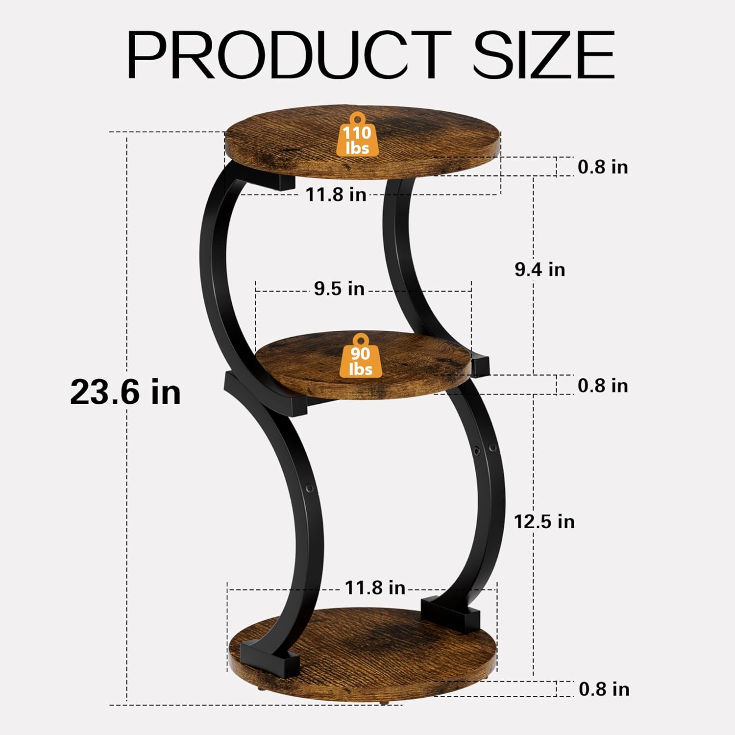 Small Side Table, 3-Tier Round End Table for Living Room, S-Shaped Accent Table for Small Spaces Sofa Couch Bedroom, Vintage Nightstand Wood Metal Coffee Table with Storage Shelf, Rustic Brown