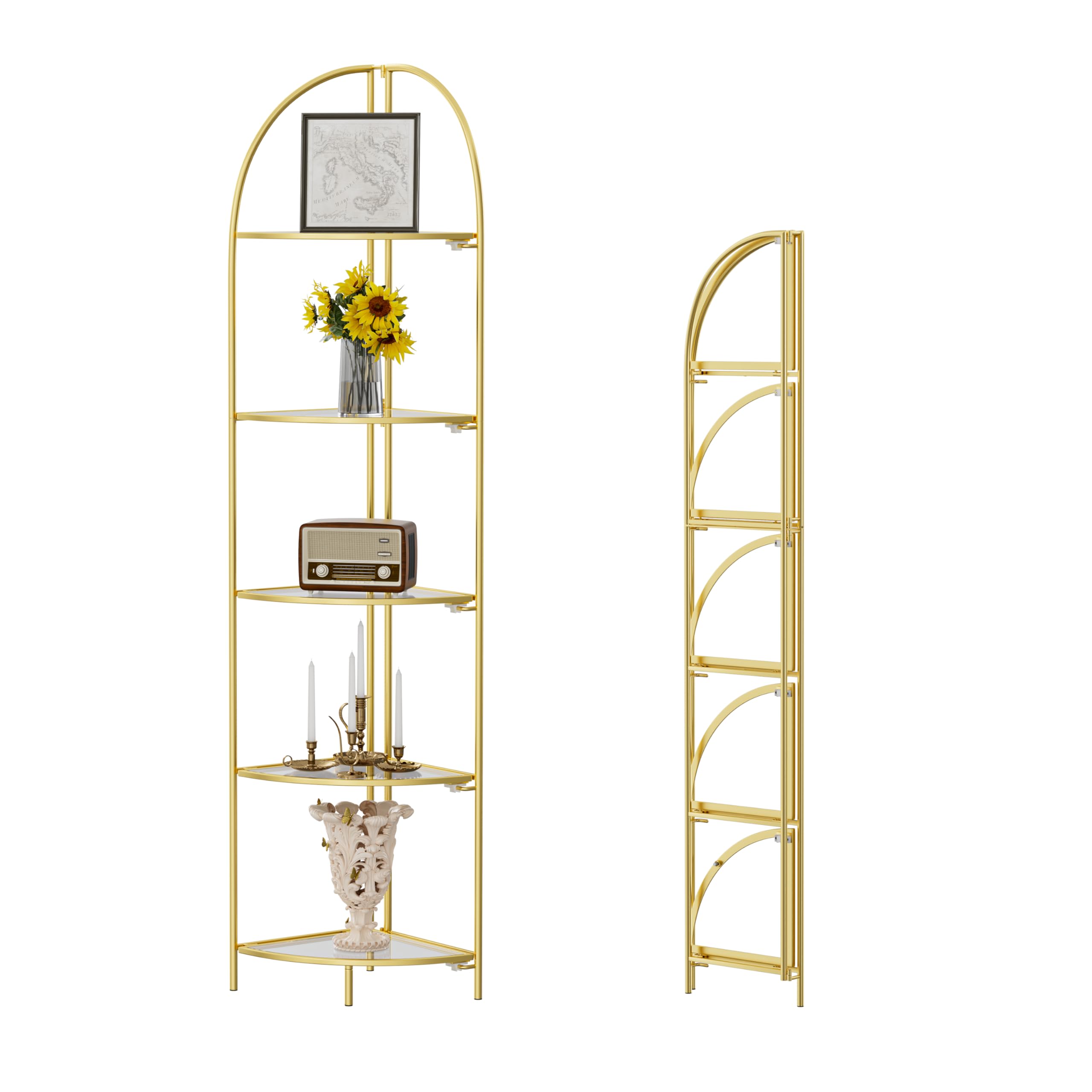 Crofy Foldable 5 Tier Corner Shelf, Metal Corner Plant Stand with Gold Frame and Transparent Shelves, Corner Display Rack Multipurpose Shelving Unit for Living Room, Bedroom, Bathroom