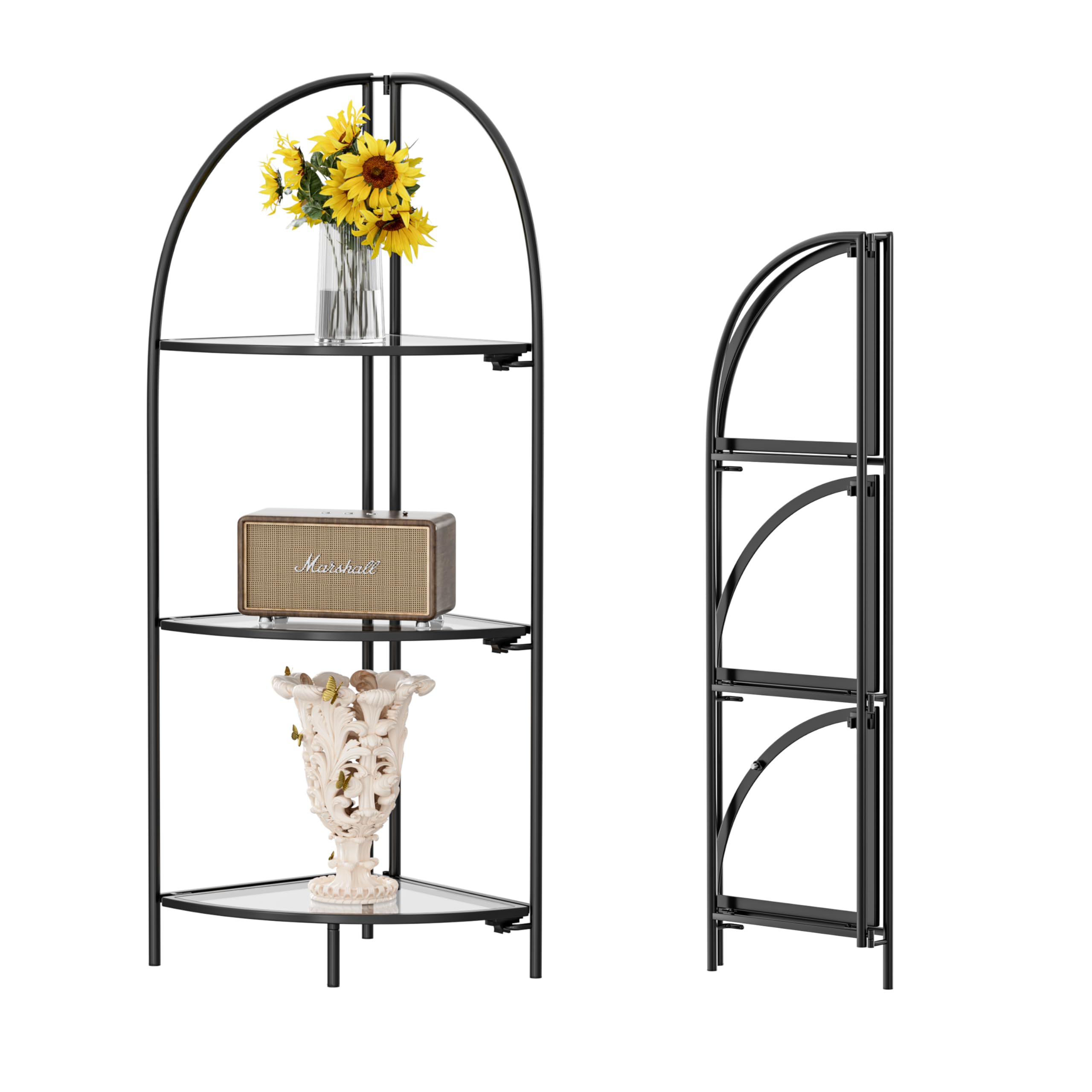 Crofy Foldable 5 Tier Corner Shelf, Metal Corner Plant Stand with Gold Frame and Transparent Shelves, Corner Display Rack Multipurpose Shelving Unit for Living Room, Bedroom, Bathroom