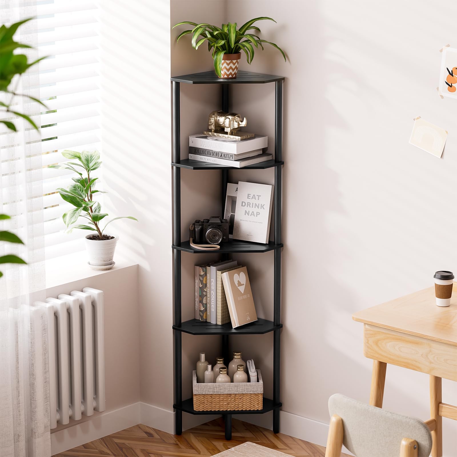 Corner Shelf Stand, 4 Tier Corner Bookshelf, Bamboo Storage Standing Shelf Unit, Tall Storage Plant Stand,Bookcase for Living Room, Home Office, Bedroom, Kitchen, Black