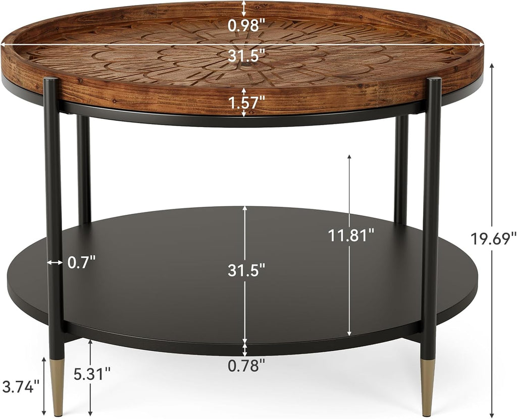Solid Wood Round Coffee Table, 31.5-Inch Boho Center Tea Table with Metal Storage Frame & Carved Floral Pattern, Living Room Coffee Table Furniture for Small Spaces, Apartment, Rustic Brown