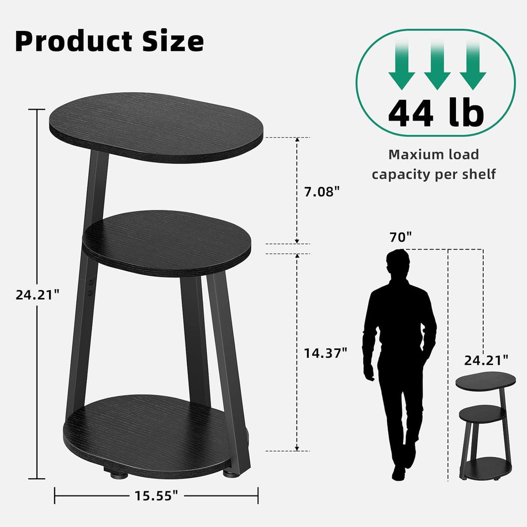 Kalrin Side Table, Small End Table with Metal Frame, 3-Tier Bedside Tables, Round Side Tables for Living Room Bedroom Couch Bathroom, Oval, Pure Black