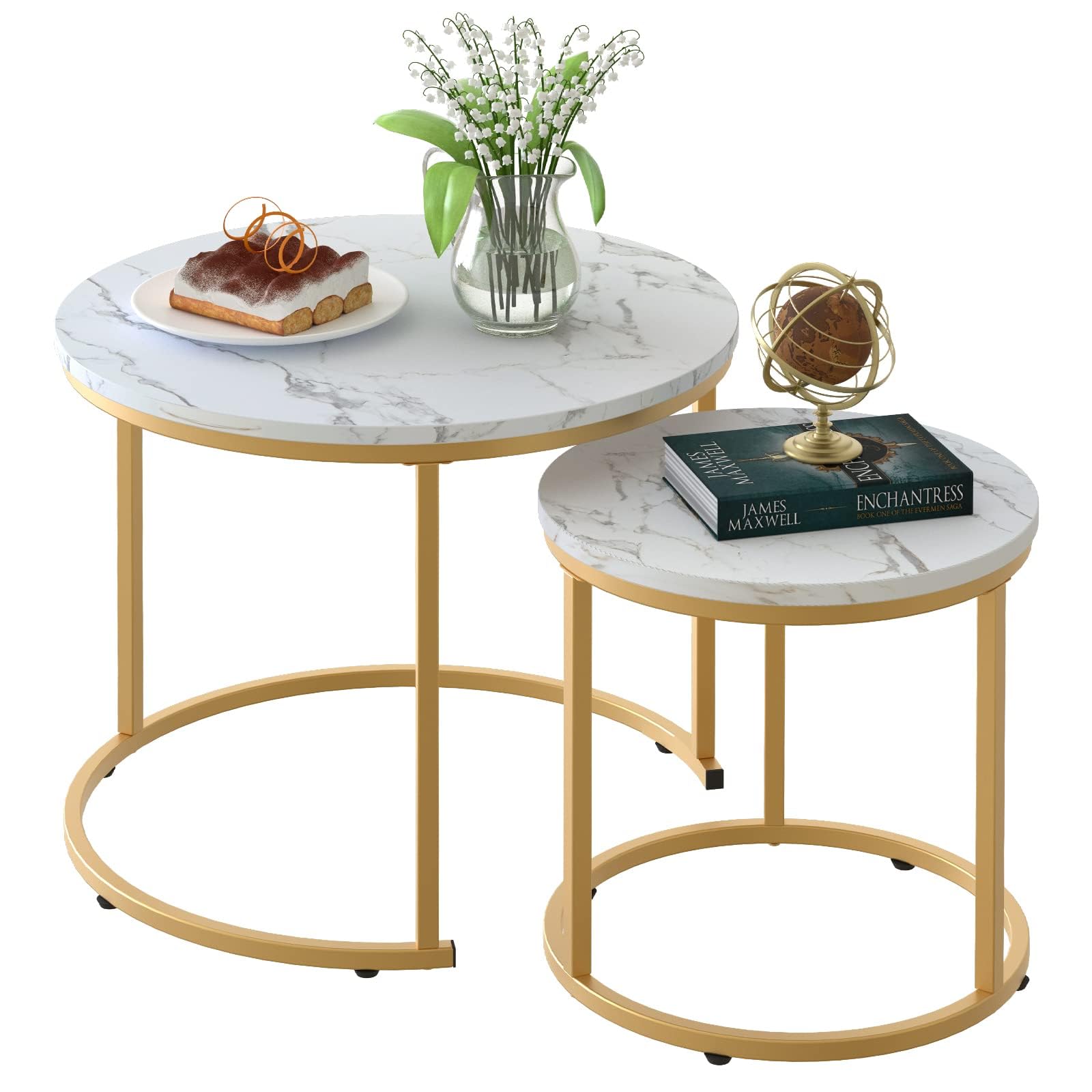 aboxoo Coffee Table Nesting Side Round Set of 2 End Table Top Sturdy Metal Frame Desk Centerpiece Living Room Bedroom Apartment Modern Industrial Simple Nightstand