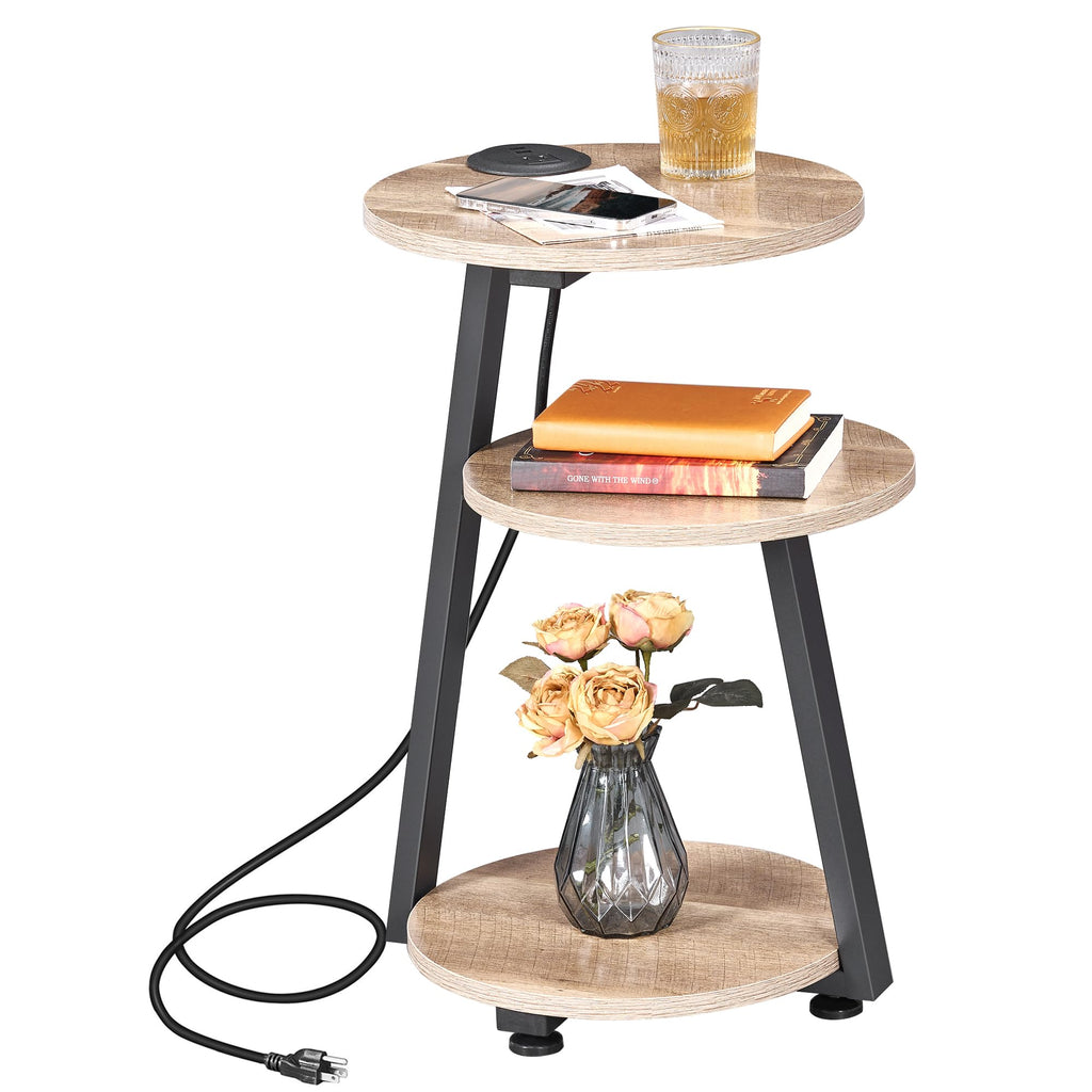 BEWISHOME Round End Table Side Table with Metal Frame, Accent Table Nightstand Bedside Table with 3-Tier Shelves, Small Couch Coffee Table for Living Room Bedroom Greige KTZ41G