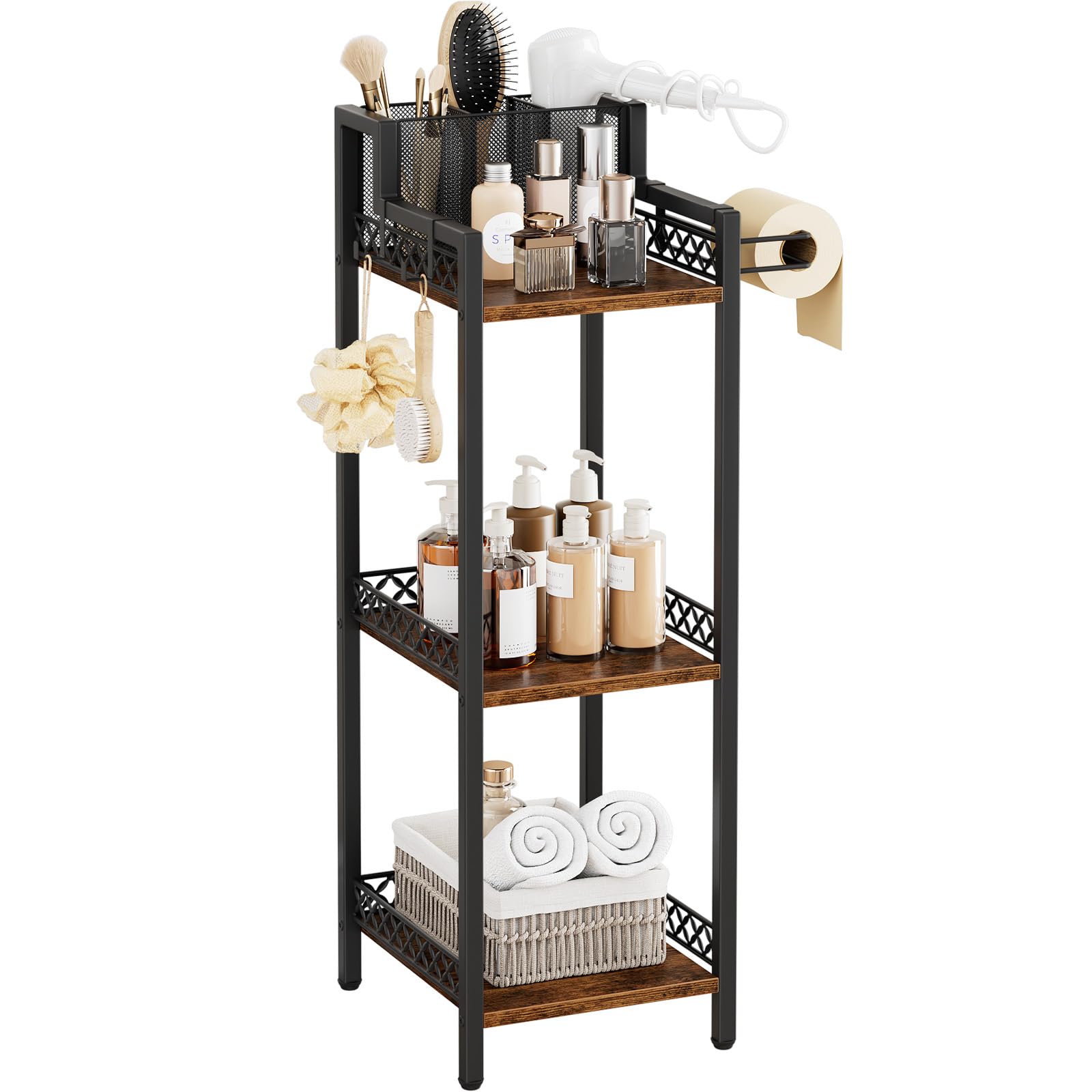 Slim Bathroom Storage Shelf Unit, 3 Tier Corner Storage, Rustic Makeup Organizer, Space-Saving Floor Standing Storage Shelves for Bathroom, Vanity,Kitchen, Laundry 9.85in Matte White