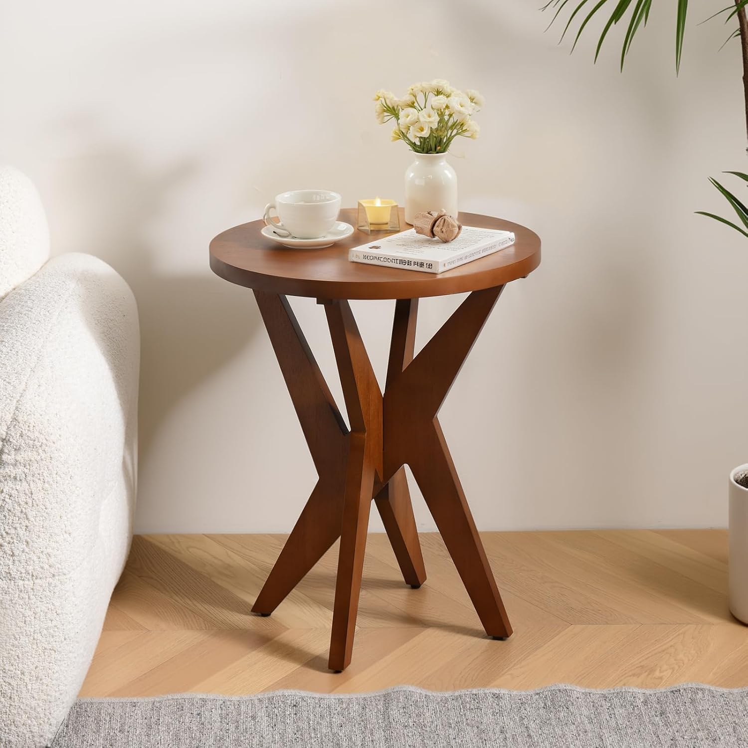 Walnut Brown Farmhouse Side Table, MDF Top for Living Room & Bedroom