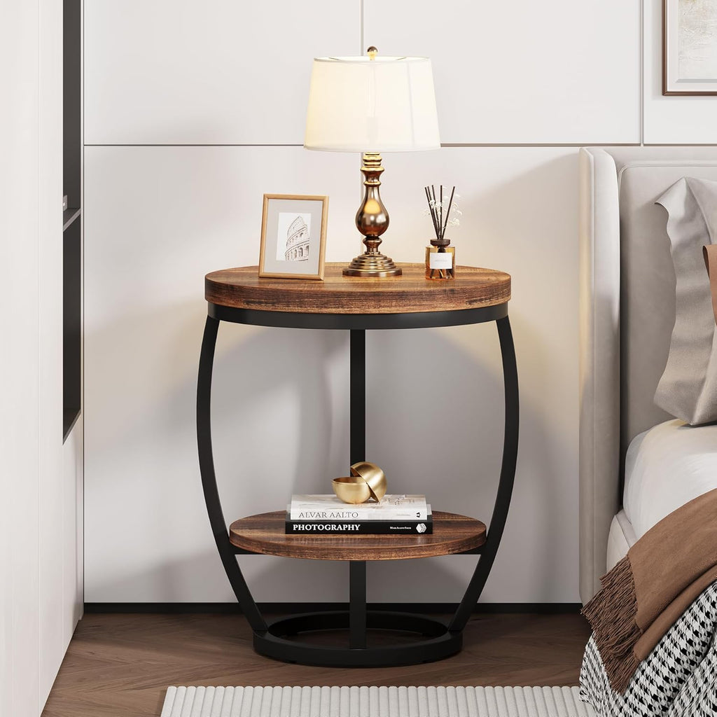 Round End Table, 2 Tier Industrial Side Table, Nightstand with Metal Frame, Accent Bedside Table with Storage Shelves for Living Room, Bedroom, Small Spaces, Rustic Brown & Black