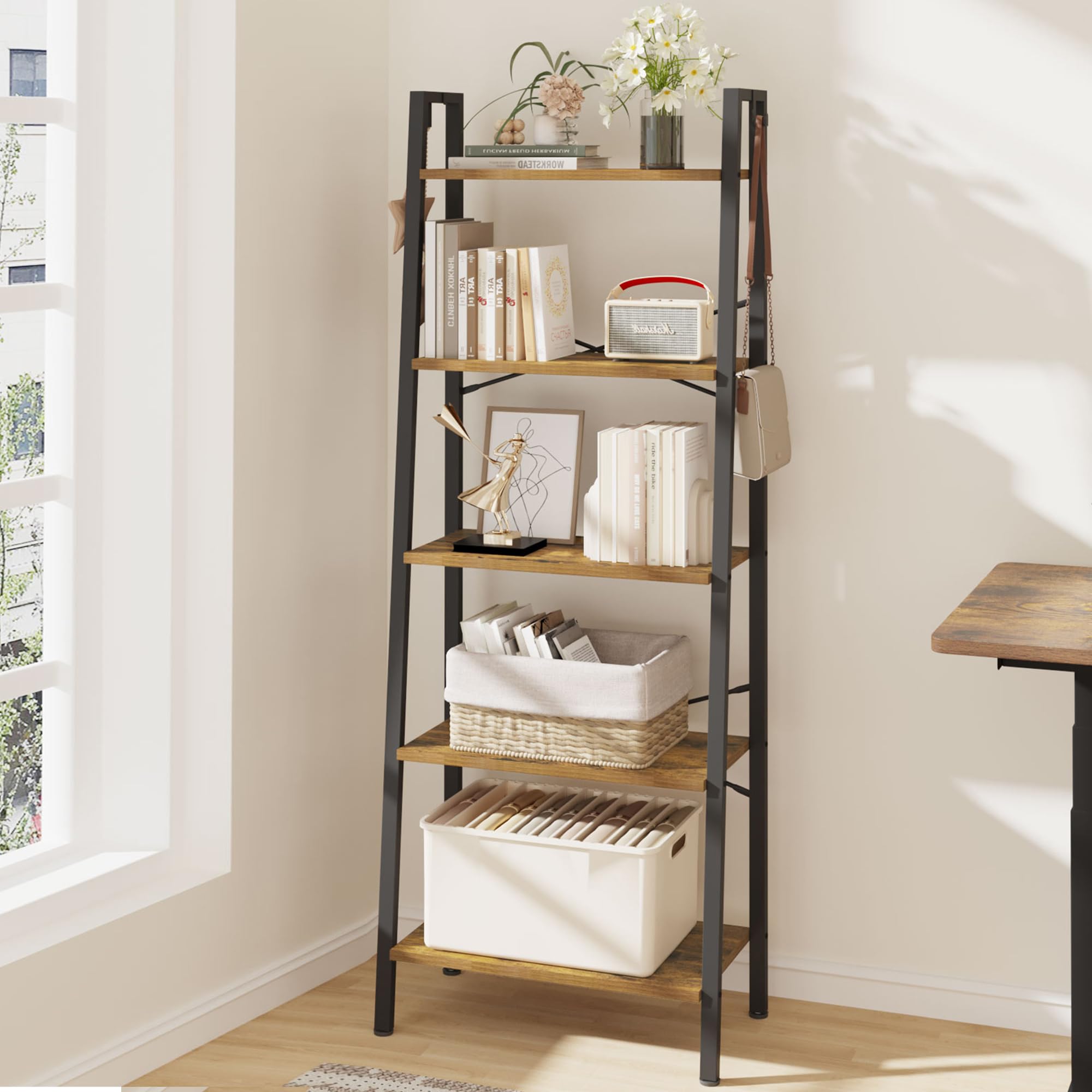 Hzuaneri Ladder Shelf, Bookshelf Bookcase, Freestanding Corner Storage Shelve with 2 Hooks for Home Office, Living Room, Kitchen, Bedroom, Industrial, 11.8" D x 13.4" W x 72.8" H,White Gold BC13313G