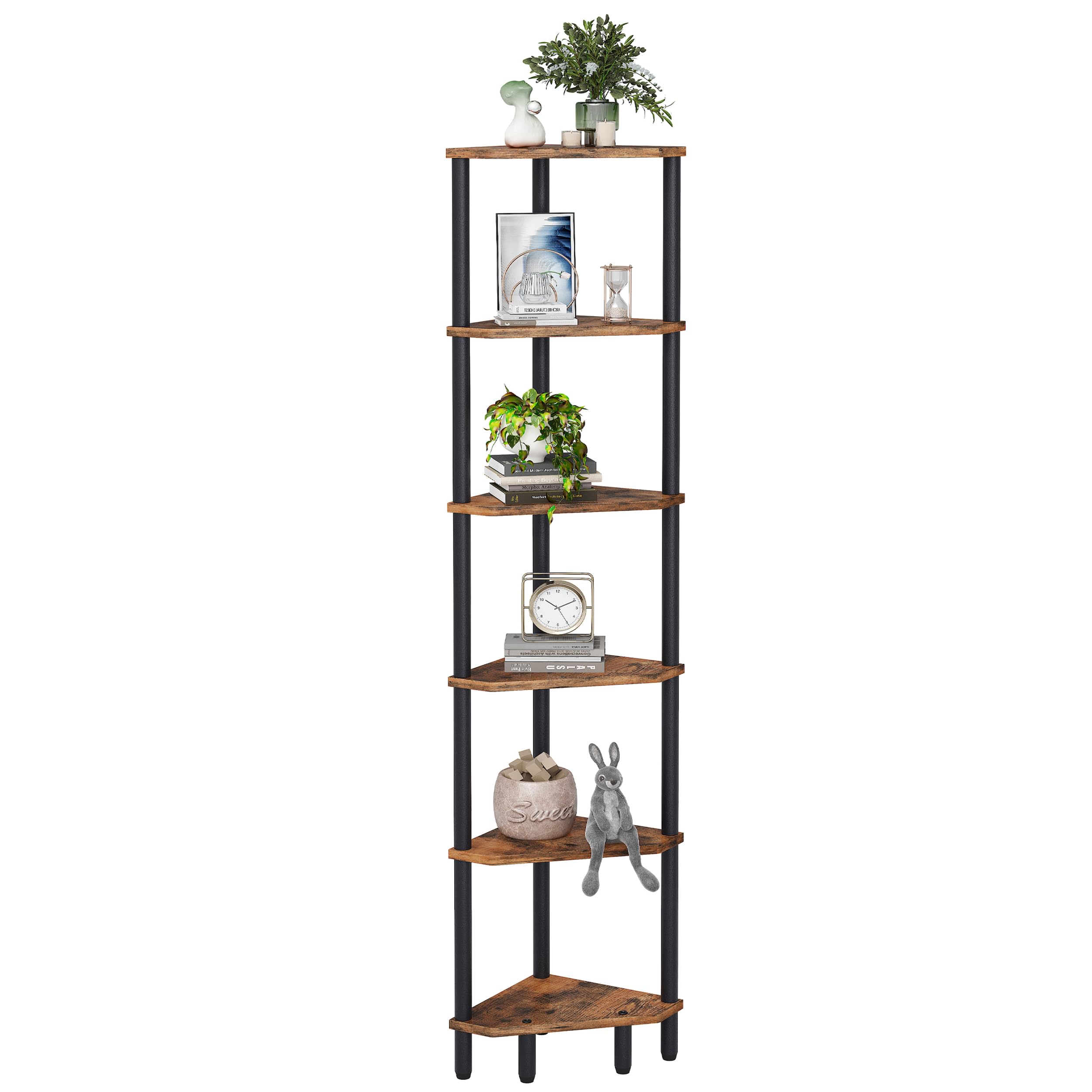 6-Tier Black Corner Shelf, Tall Display Bookshelf & Plant Stand