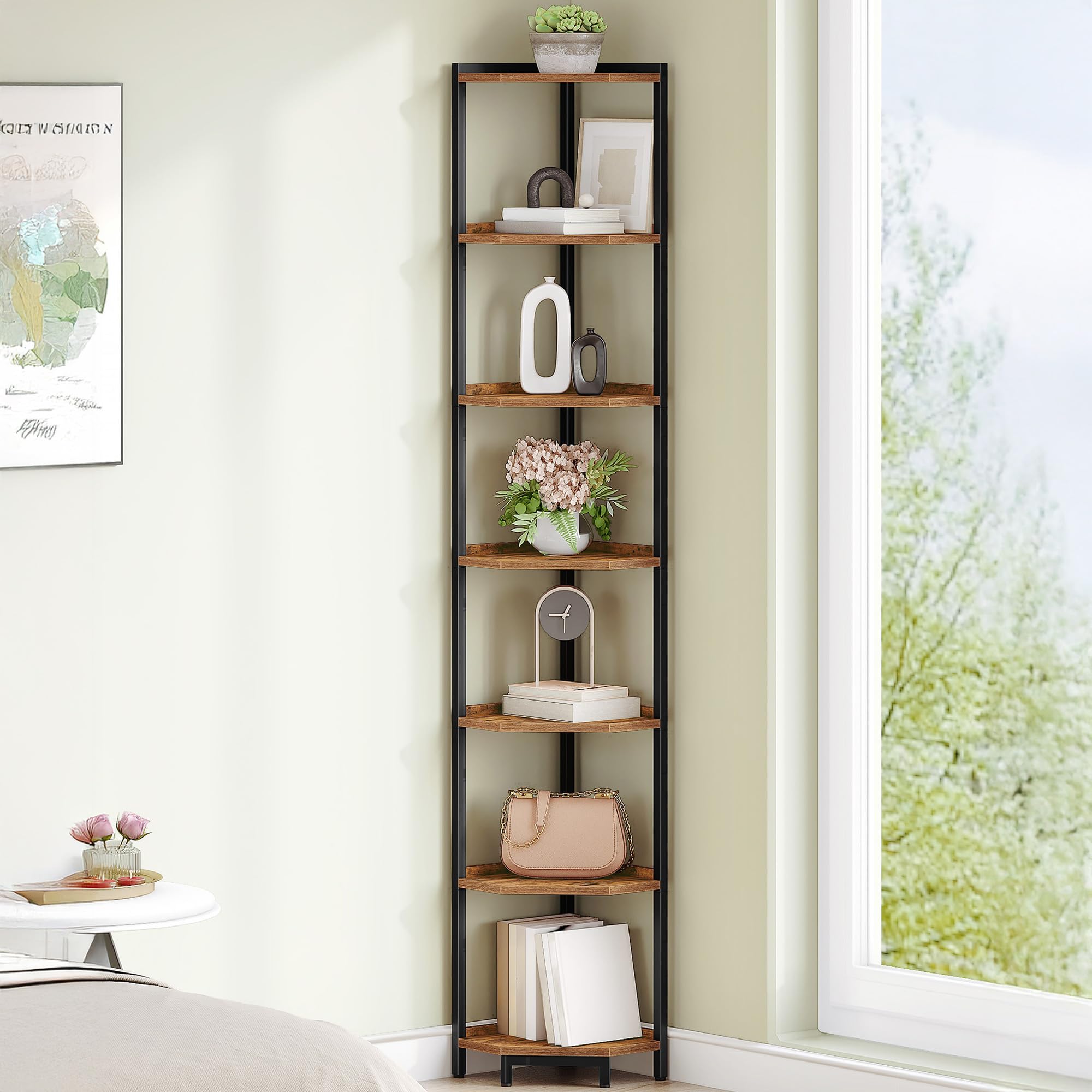 Hzuaneri Corner Shelf Stand, Corner Bookshelf, Storage Standing Shelf Unit with Metal Frame, Plant Stand, Bookcase for Living Room, Home Office, Bedroom, 6-Tier Rustic Brown CS06001B