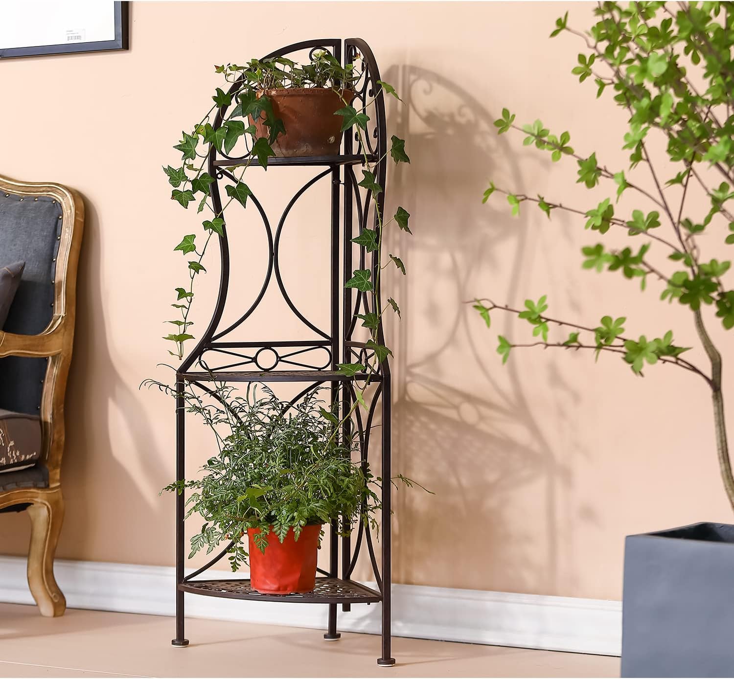 3 Tier Metal Corner Shelf Stand for Kitchen Free Standing Corner Shelf, Bakers Rack, Antique Bronze