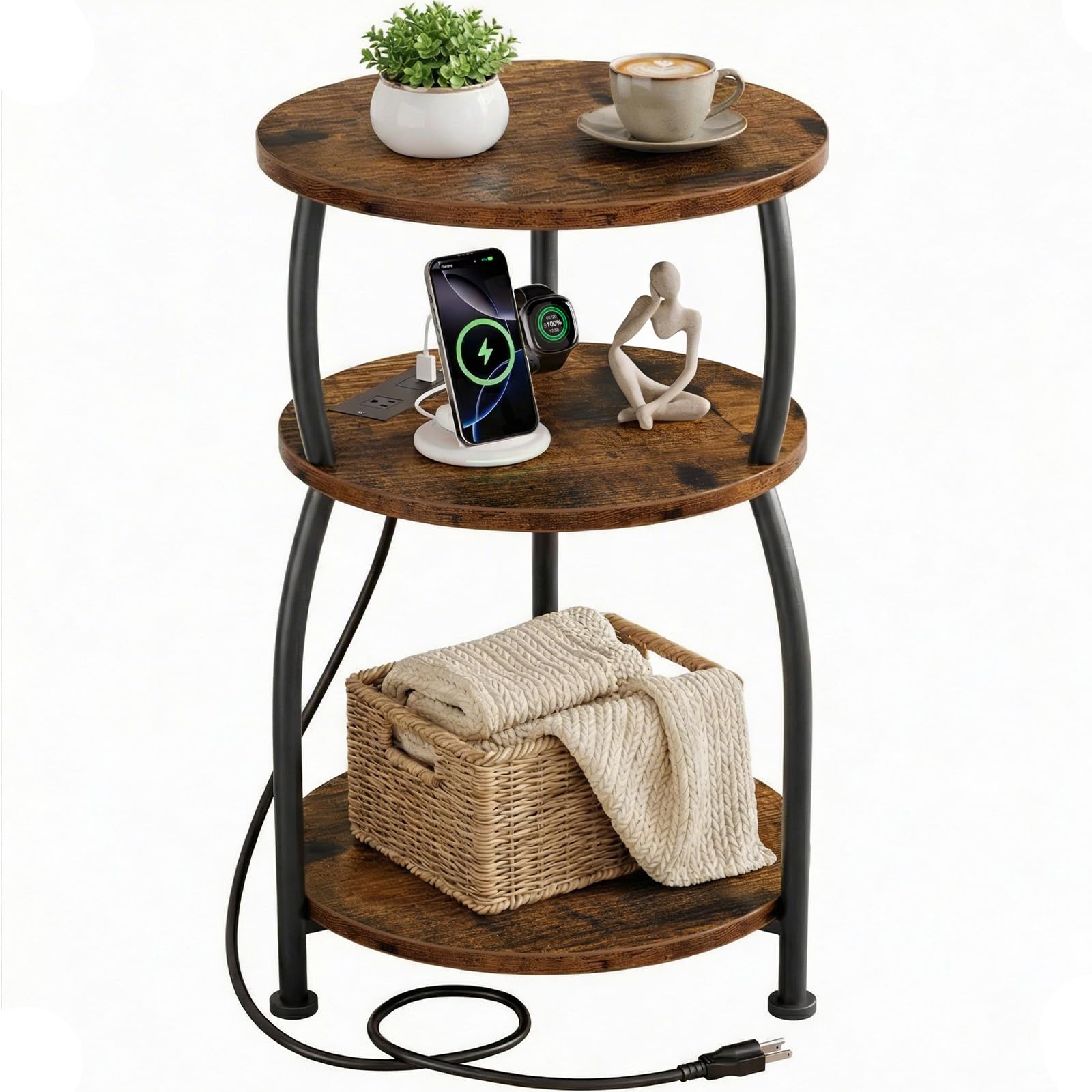 Small Round Side Table, 3-Tier End Table with Storage Shelf, Slim Sofa Table Coffee Table, Sturdy & Easy Assemble Nightstand for Small Spaces, Living Room Bedroom Corner, Grey