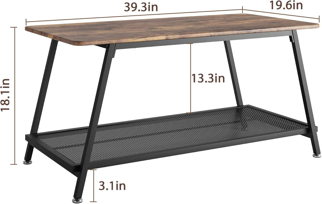 2-Tier Industrial Coffee Table, Wood Top & Metal Frame with Mesh Shelf