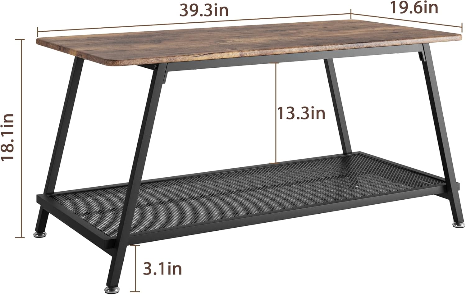 2-Tier Industrial Coffee Table, Wood Top & Metal Frame with Mesh Shelf