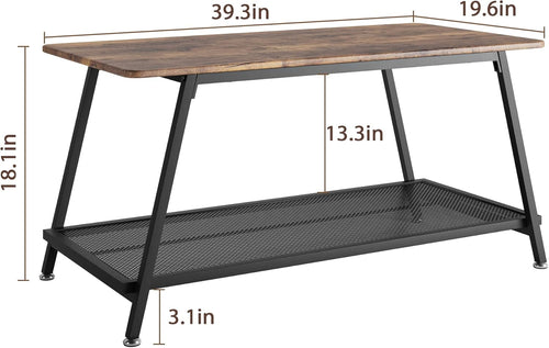 2-Tier Industrial Coffee Table, Wood Top & Metal Frame with Mesh Shelf