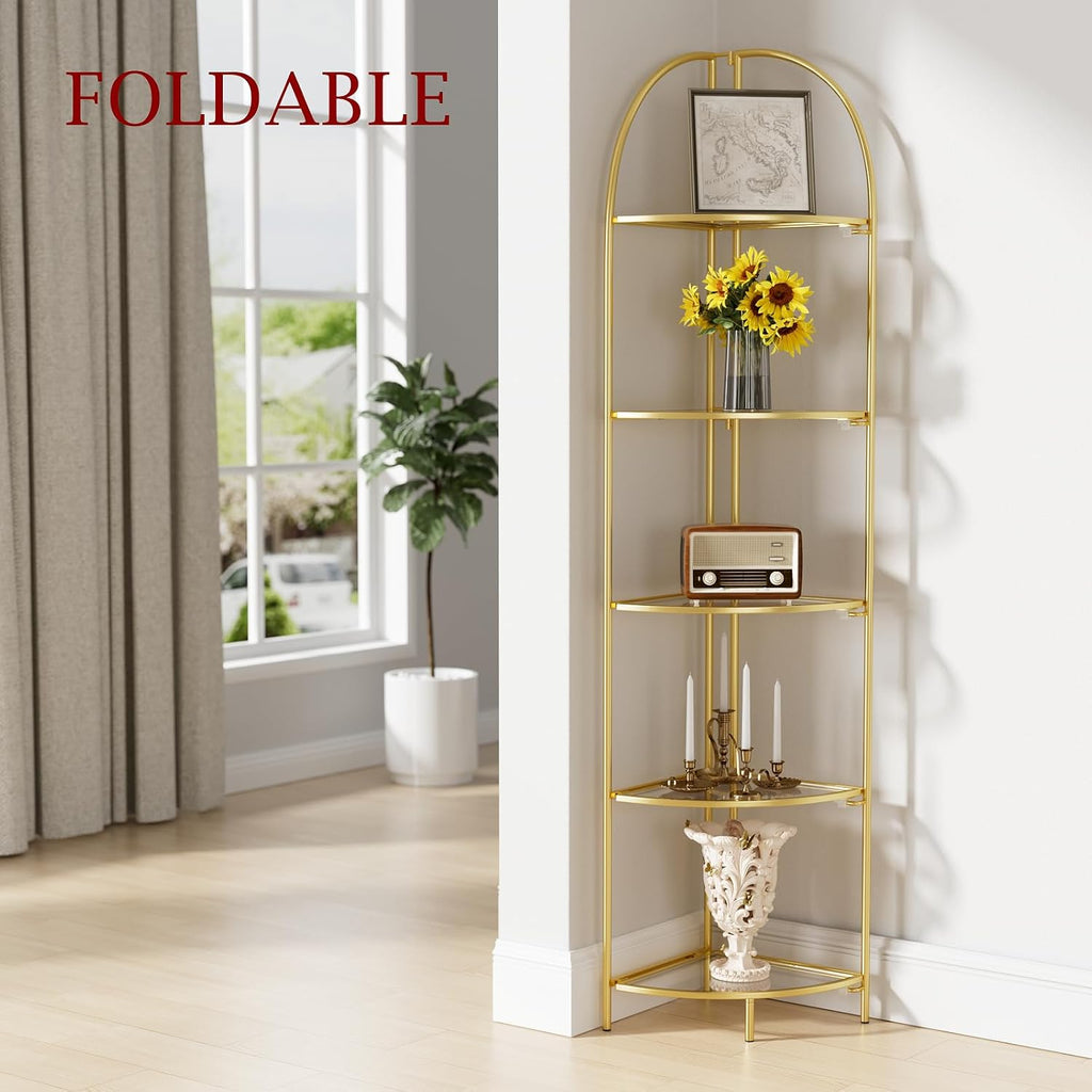 Crofy Foldable 5 Tier Corner Shelf, Metal Corner Plant Stand with Gold Frame and Transparent Shelves, Corner Display Rack Multipurpose Shelving Unit for Living Room, Bedroom, Bathroom