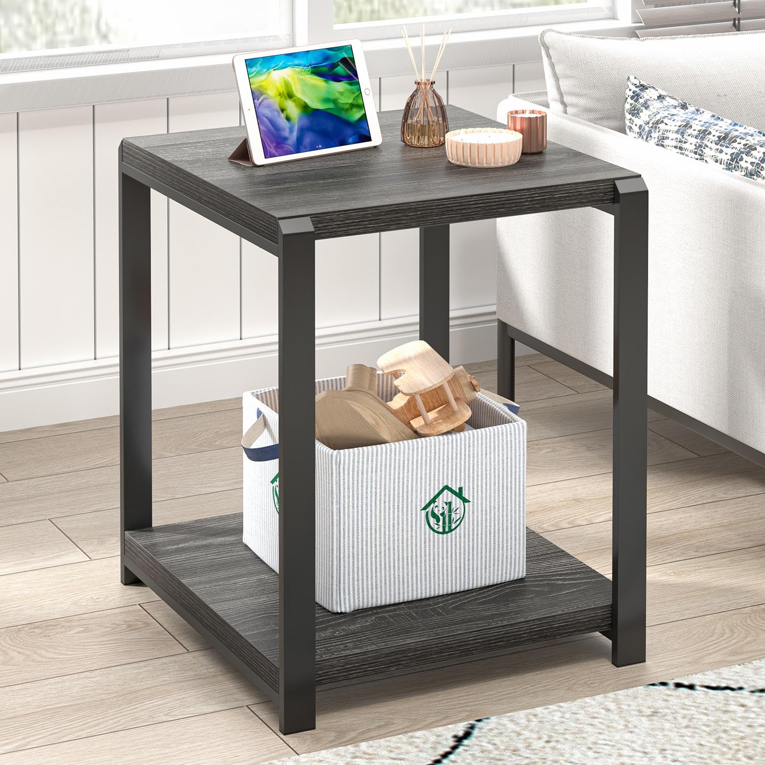 FOLUBAN Industrial End Table, Square Side Table with Storage Shelf for Living Room, Wood and Metal Nightstand, Oak