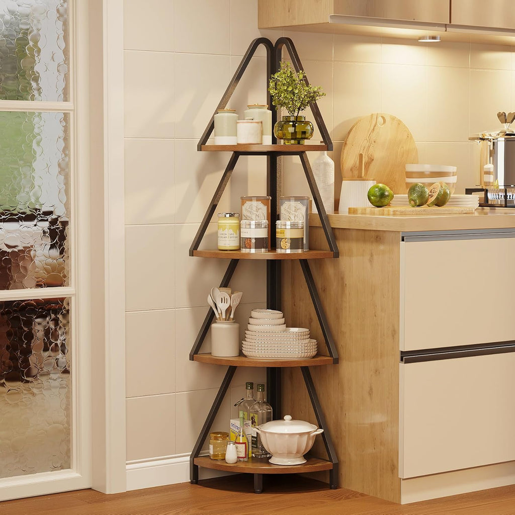Espelism 4-Tier Corner Shelf Stand, 53.1” Tall Industrial Standing Display Shelf Storage Rack,Narrow Plant Stand,Tree Design Corner Bookshelf for Living Room, Bedroom, Office (Brown, 4-Tier)