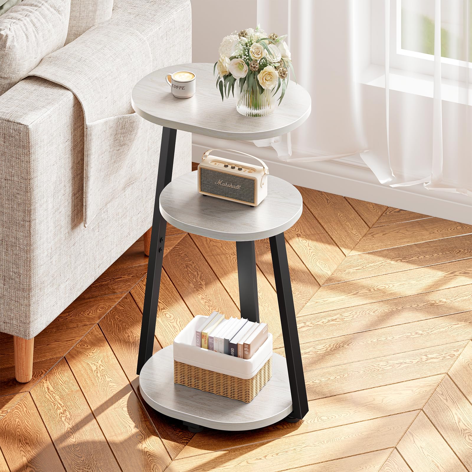 Kalrin Side Table, Small End Table with Metal Frame, 3-Tier Bedside Tables, Round Side Tables for Living Room Bedroom Couch Bathroom, Oval, Pure Black