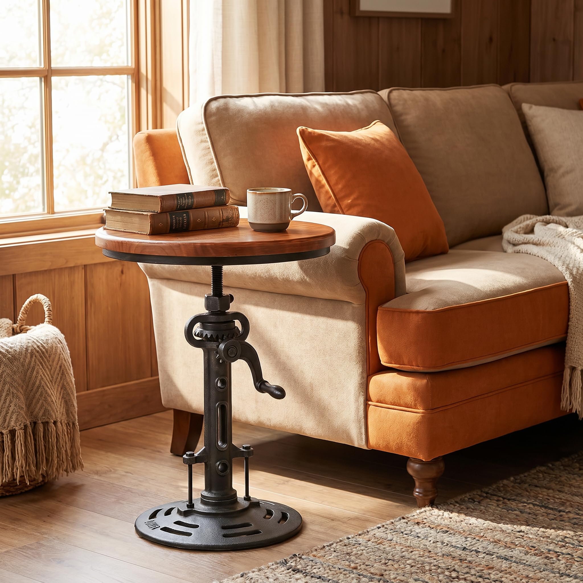 Topower Industrial Retro Side Table end Table Antique Mechanic DIY Crank Height Ajustable Cast Iron Base Table Farmhouse Accent End Table Silver