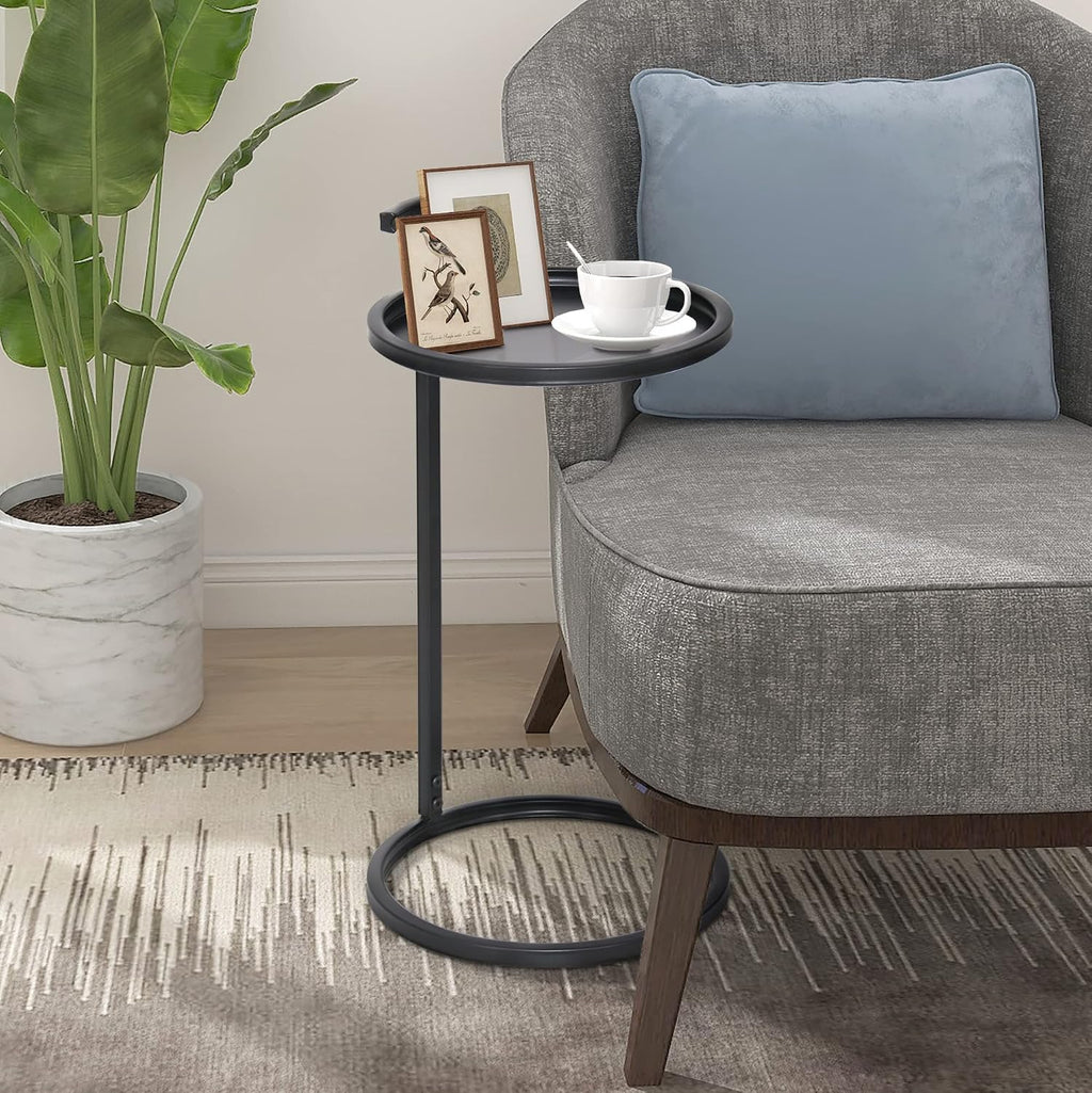 14" Round Metal End Table, Black Accent Side Table