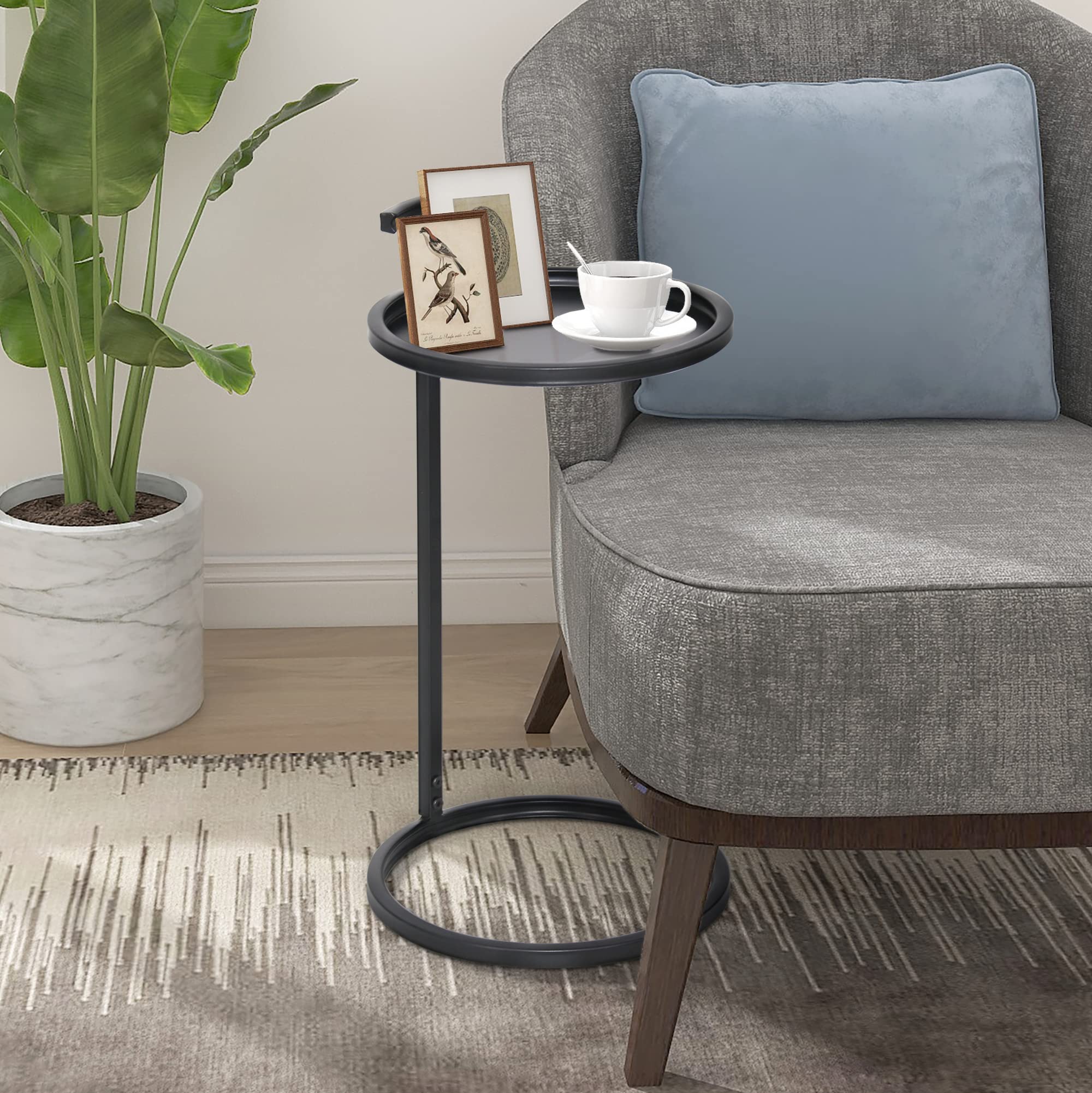14" Round Metal End Table, Black Accent Side Table