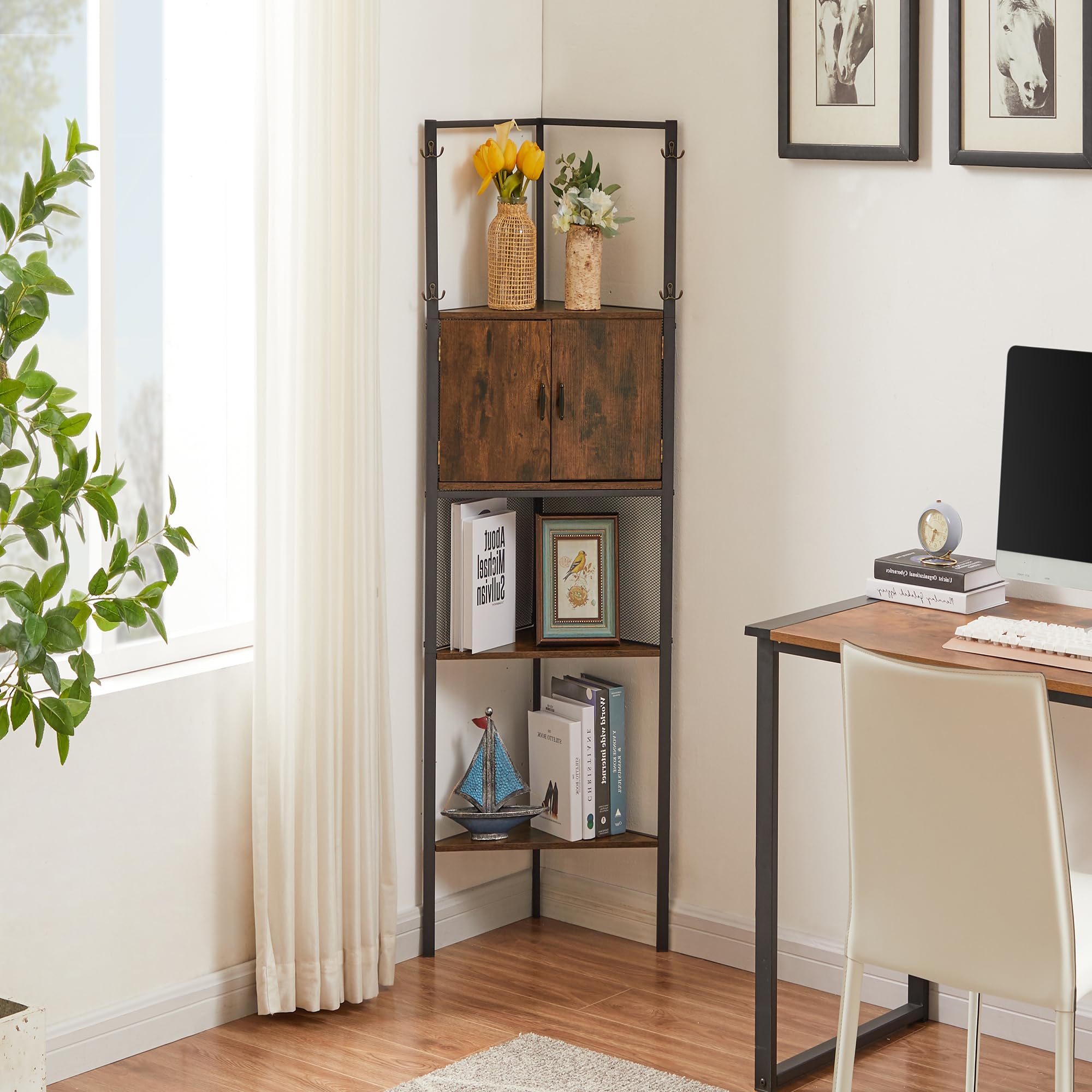VECELO 5 Tier Corner Shelf Stand, 55.2" Tall Corner Bookshelf, Rustic Brown Storage Standing Shelf for Living Room, Plant Stand &Corner Bookcase for WallCorner, Living Room, Kitchen, Bedroom, Office