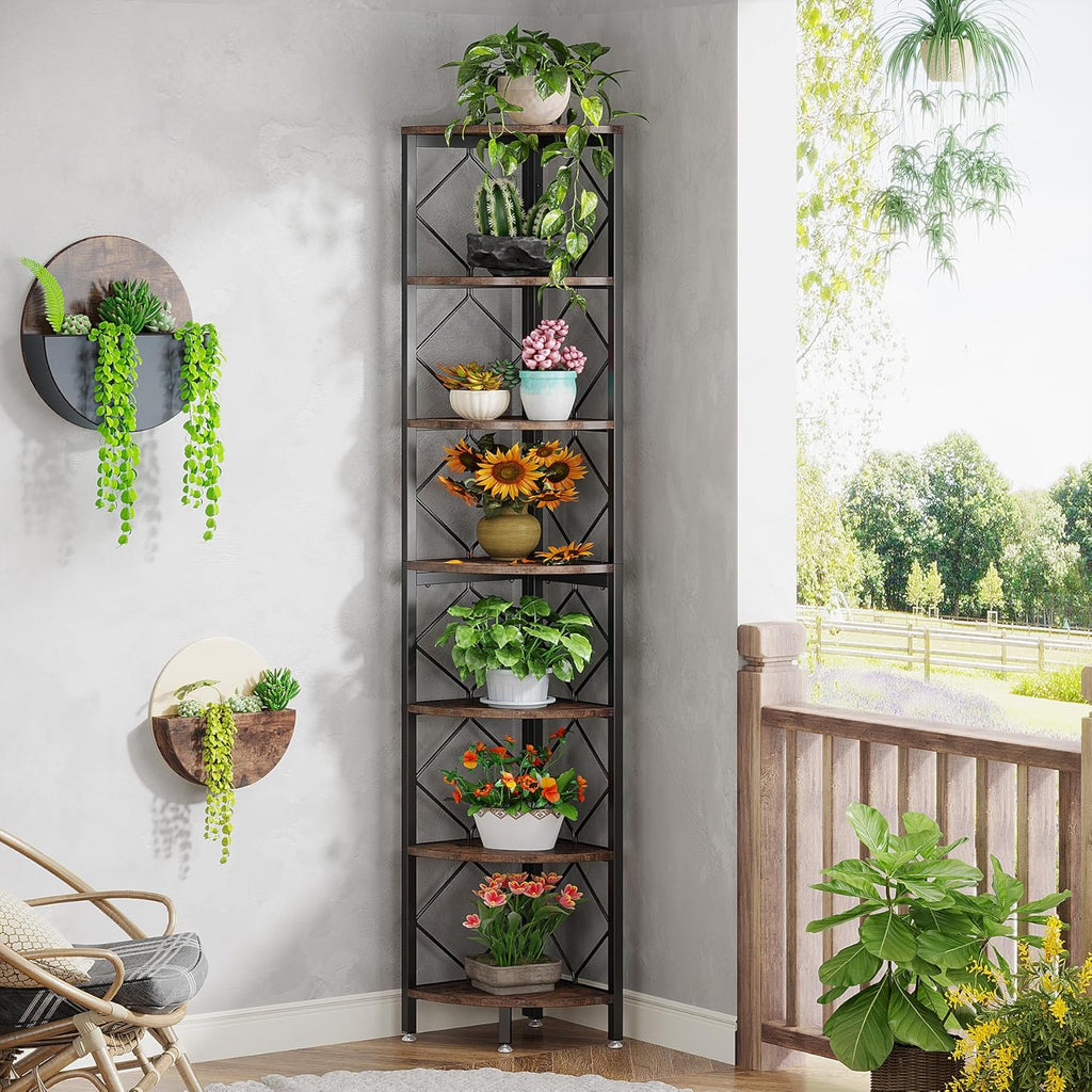 Tribesigns 7-Tier Corner Shelf, 78.7” Extra Tall Corner Bookcase, Industrial Slim Corner Bookshelf for Small Narrow Space, Wood Corner Shelf Stand Storage Rack for Living Room, Home Office