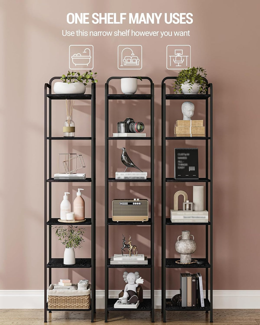 Hzuaneri Bookcase Bookshelf, Narrow Book Shelf, Industrial Corner Shelf Storage Organizer, Slim Shelving Unit for Home Office, Living Room, Bedroom, Kitchen, 6-Tier Black BC24604B