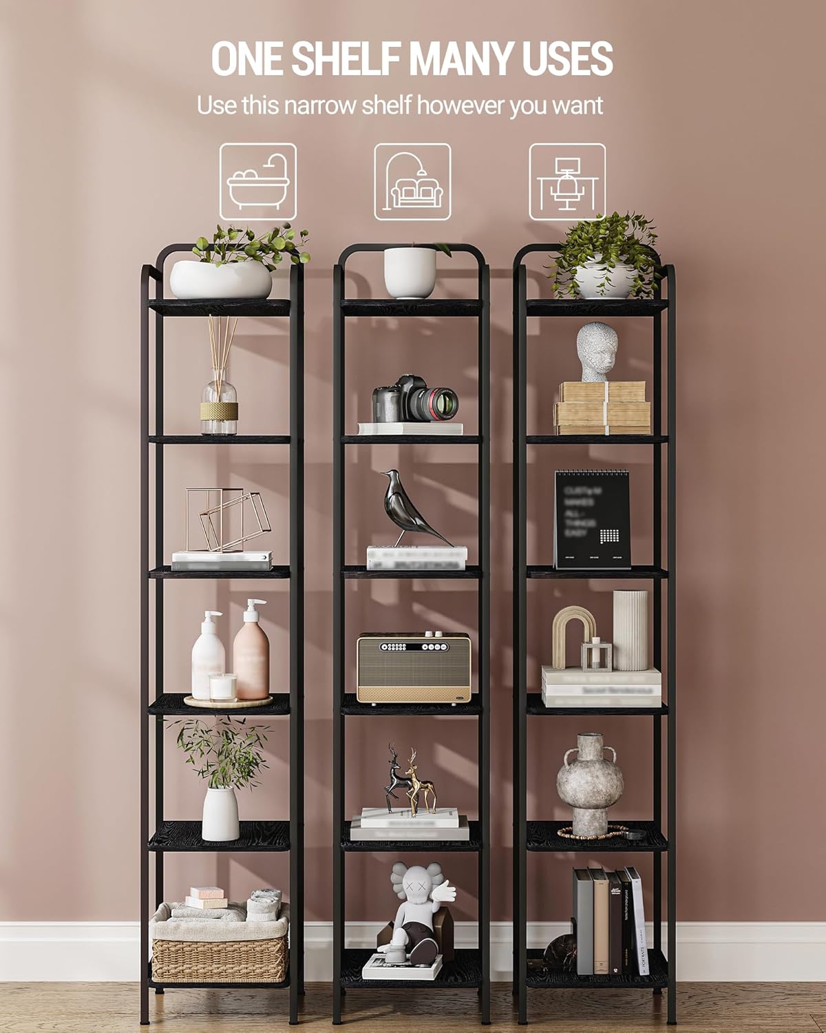 Hzuaneri Bookcase Bookshelf, Narrow Book Shelf, Industrial Corner Shelf Storage Organizer, Slim Shelving Unit for Home Office, Living Room, Bedroom, Kitchen, 6-Tier Black BC24604B