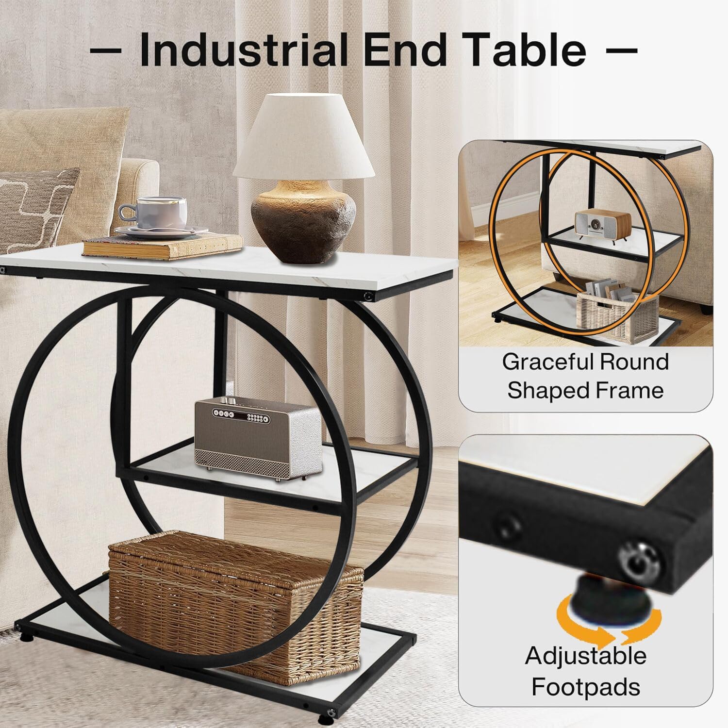 AT-VALY 3-Tier End Table, Side Table with Storage Shelves, Small Sofa Side Table for Living Room, Bedroom (Black)