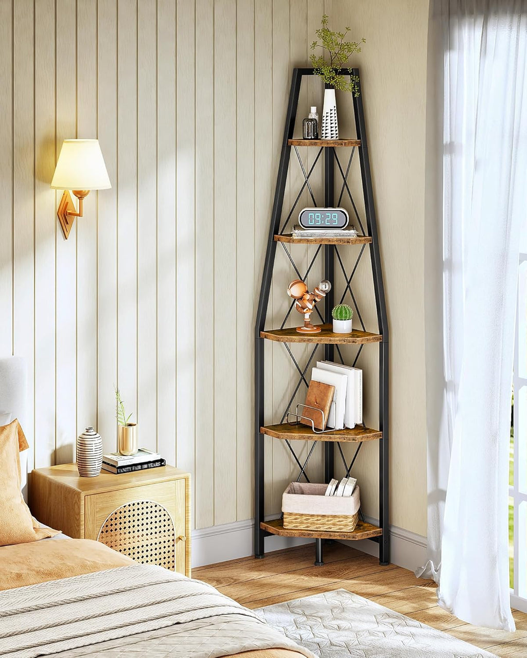 CHOEZON 5-Tier Corner Shelf, Corner Bookshelf, Ladder Shelf, Floor Standing Storage Rack, Open Display Stand, Plant Stand, for Living Room, Bedroom, Study, Bathroom, Rustic Brown and Black TCJ22BF