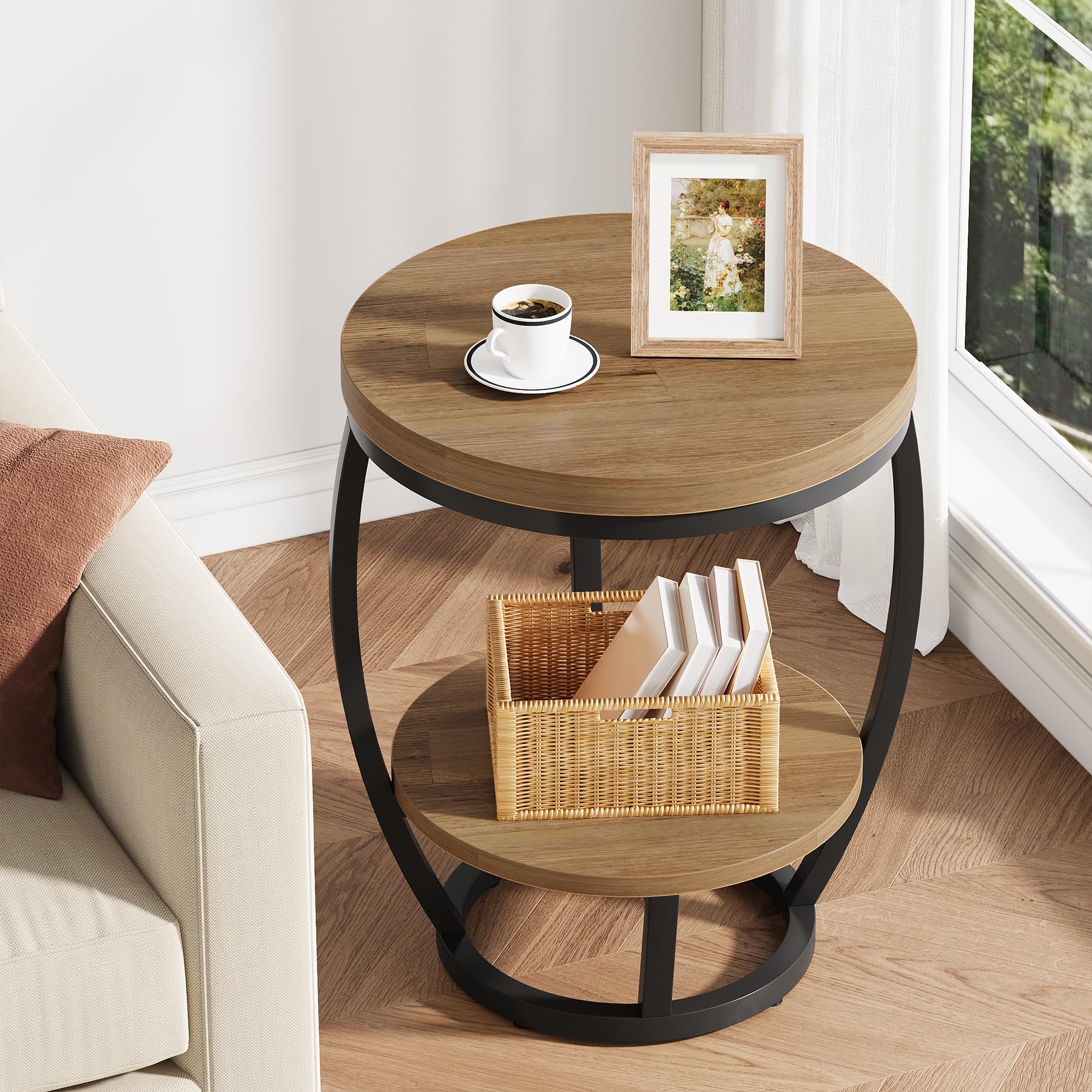 Round End Table, 2 Tier Industrial Side Table, Nightstand with Metal Frame, Accent Bedside Table with Storage Shelves for Living Room, Bedroom, Small Spaces, Rustic Brown & Black