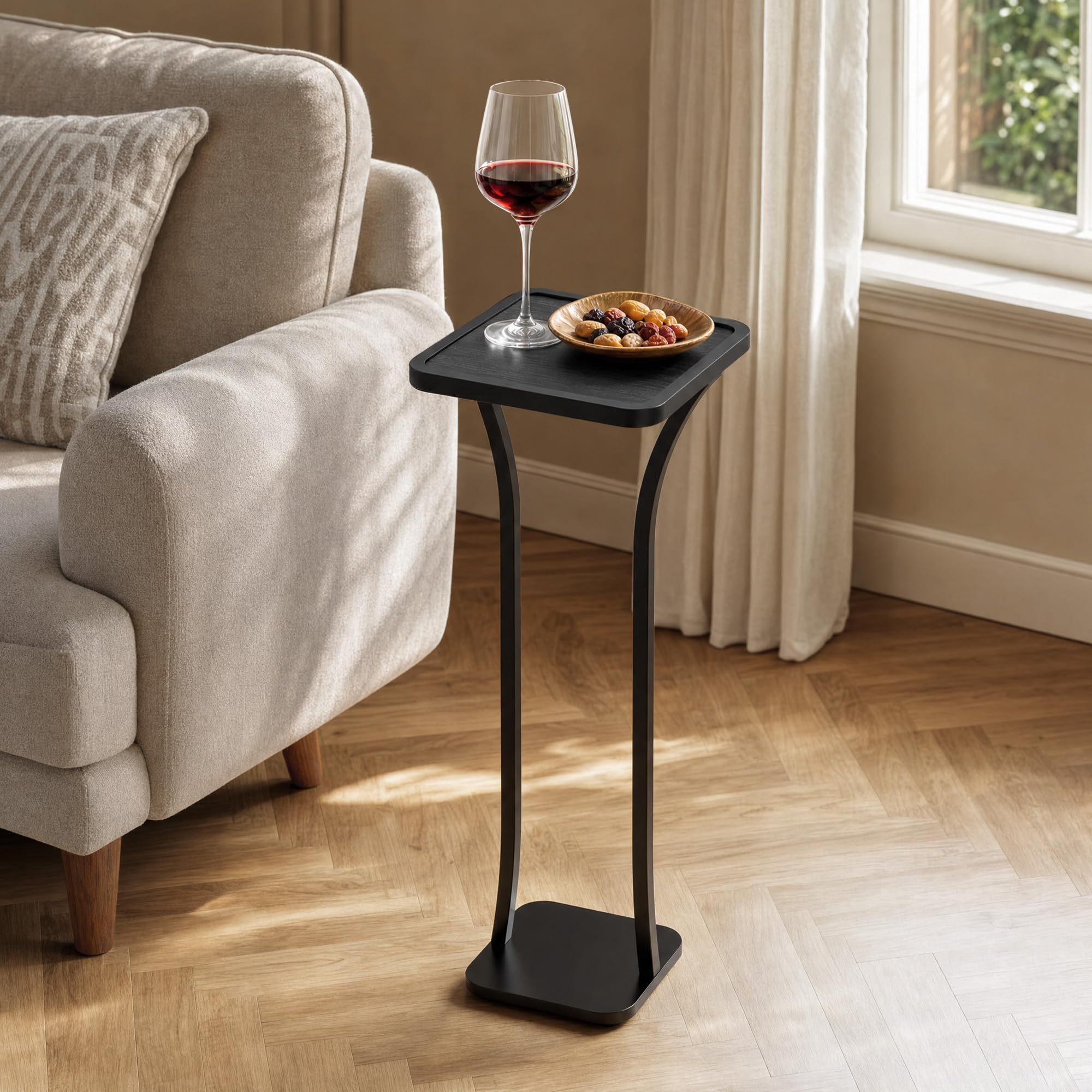 Small Square Side Table, Drink Table with Weighted Base, Solid Wood & Metal Accent Table for Small Spaces, Pedestal End Table for Living Room, Bedroom, Office(Black + Walnut)
