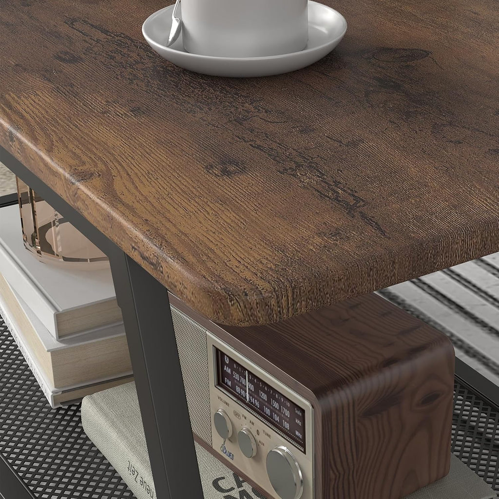 2-Tier Industrial Coffee Table, Wood Top & Metal Frame with Mesh Shelf