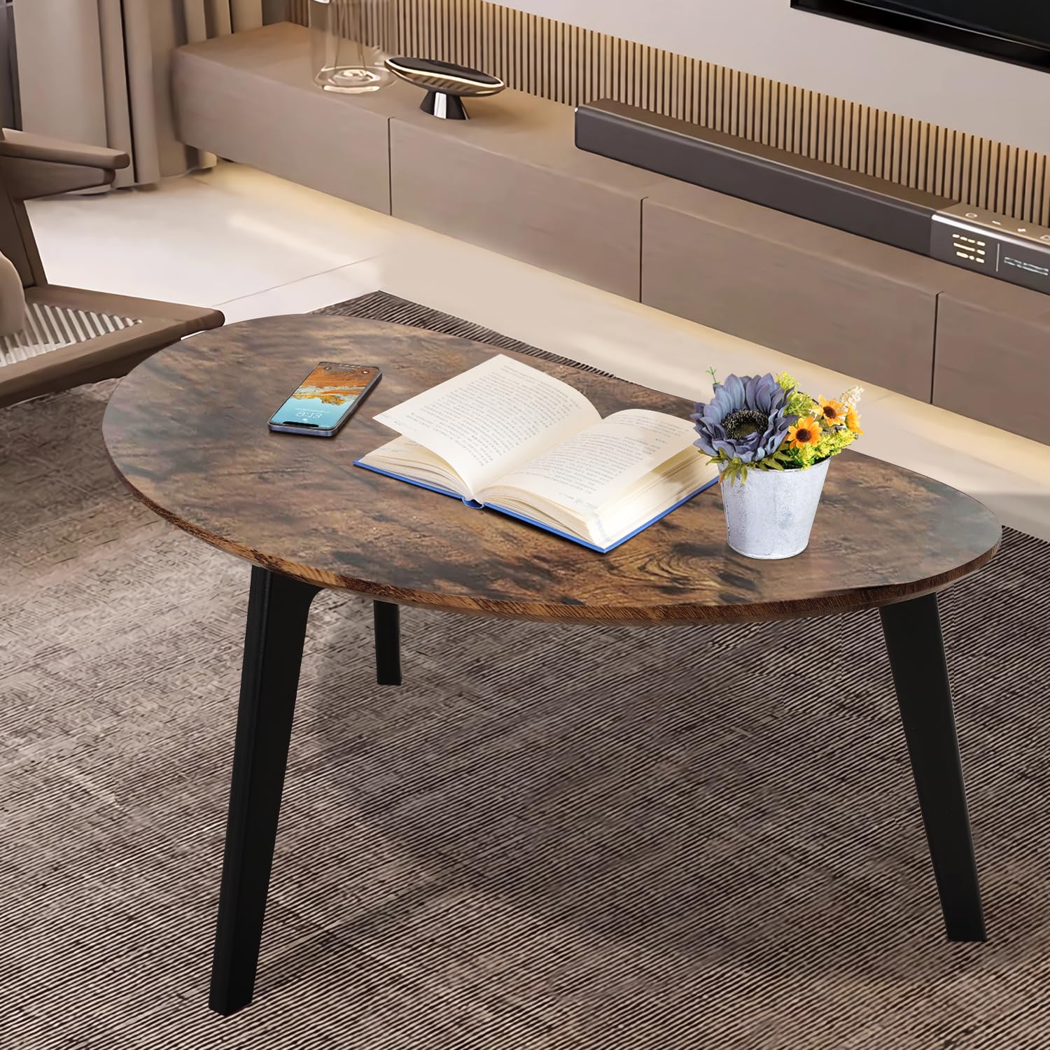 Large Oval Coffee Table Espresso Wood Mid Century Modern Unique Retro Farmhouse - Contemporary Triangle Small Table for Living Room, Bedroom Bedside Table and Office 19" D x 34" W x 16" H