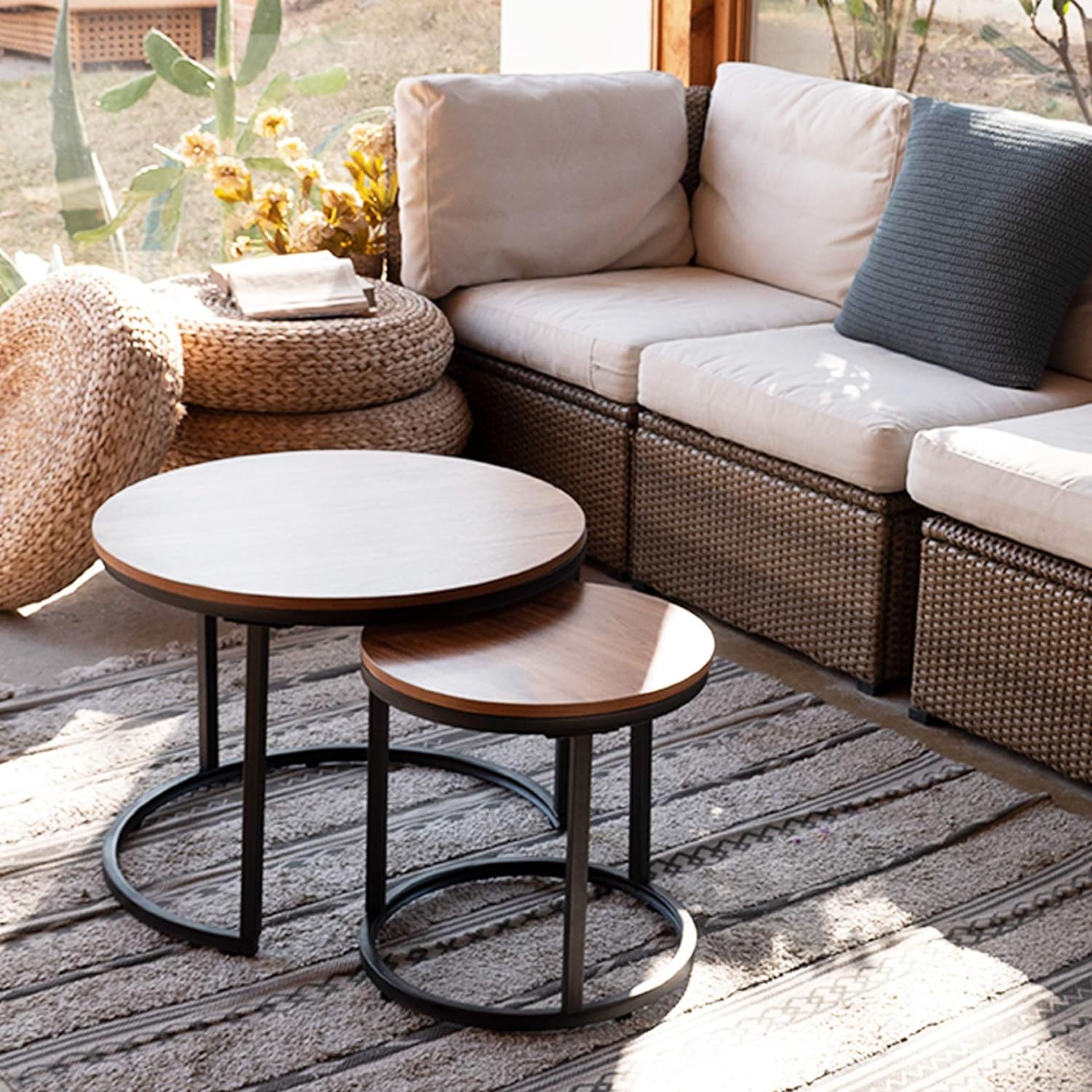 aboxoo Coffee Table Nesting Side Round Set of 2 End Table Top Sturdy Metal Frame Desk Centerpiece Living Room Bedroom Apartment Modern Industrial Simple Nightstand