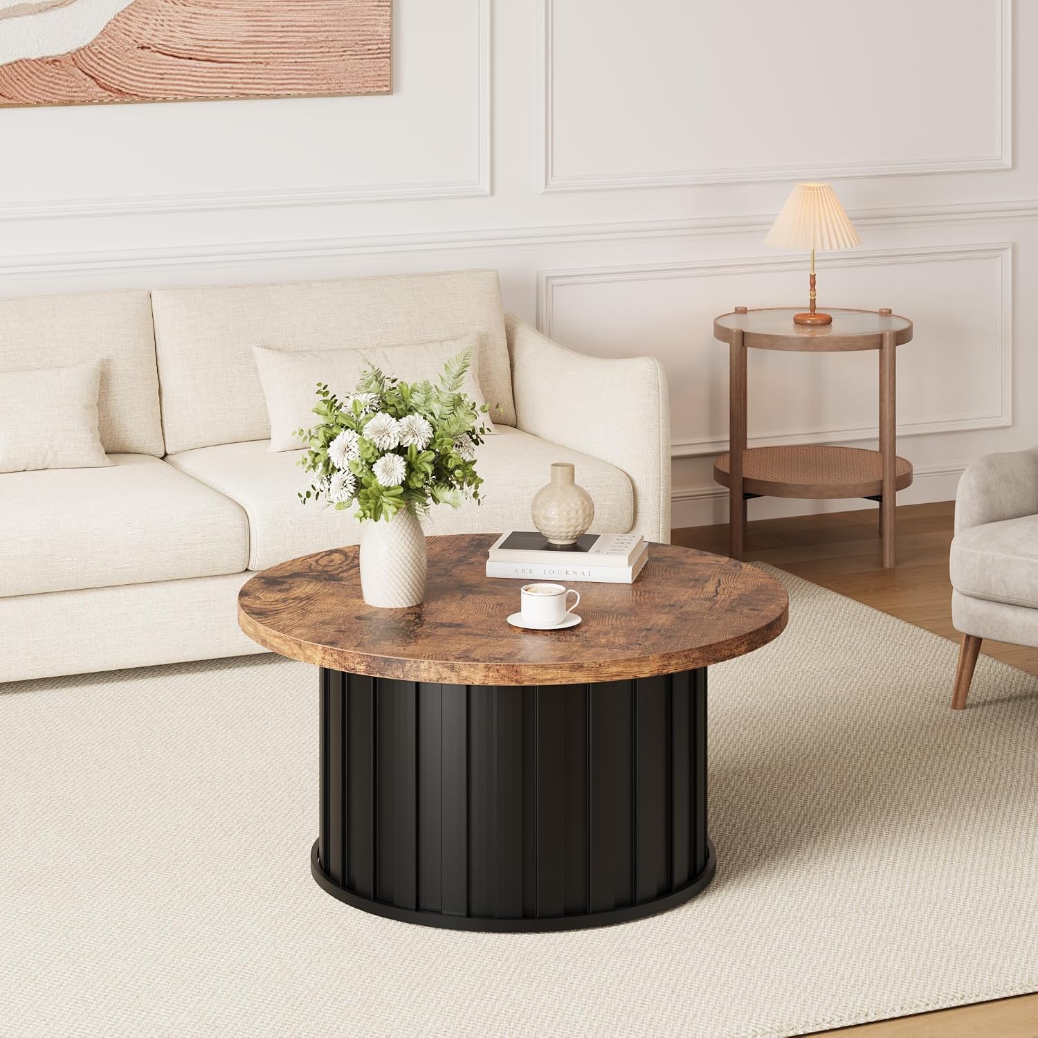 GAOMON 31.9" Round Coffee Table Mid-Century Modern with Fluted Texture & Sturdy Metal Base, Vintage Grey Accent Table for Living Room, Apartment & Small Space, Brown+Black