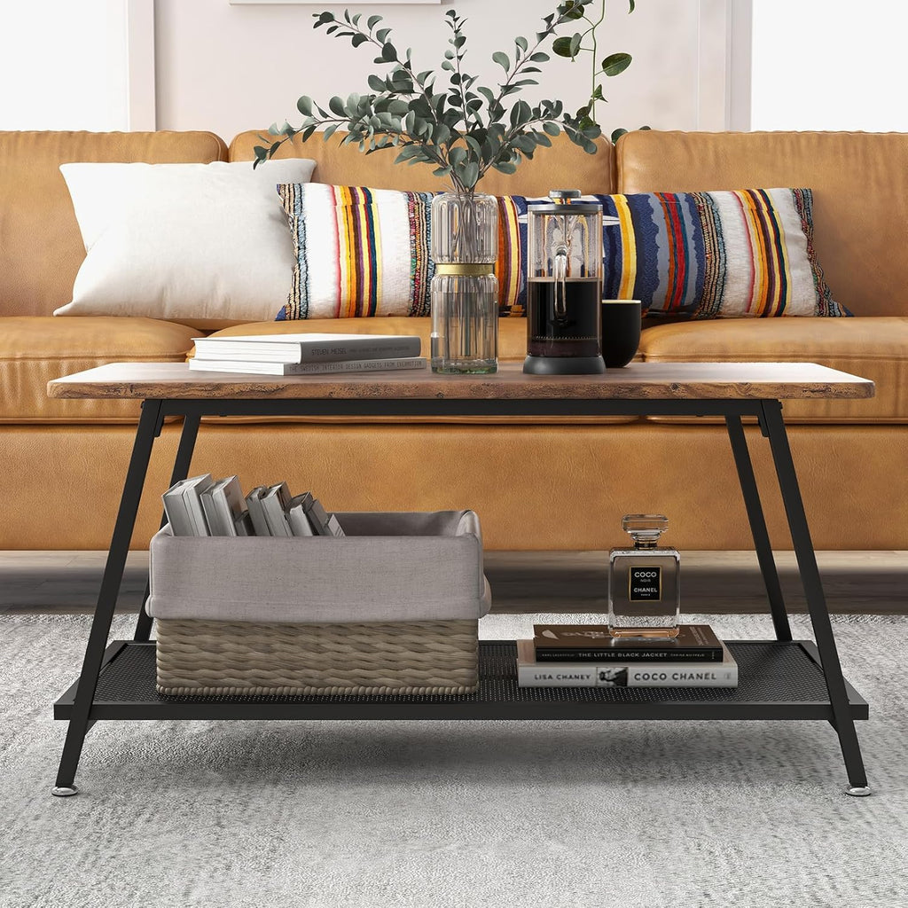 2-Tier Industrial Coffee Table, Wood Top & Metal Frame with Mesh Shelf