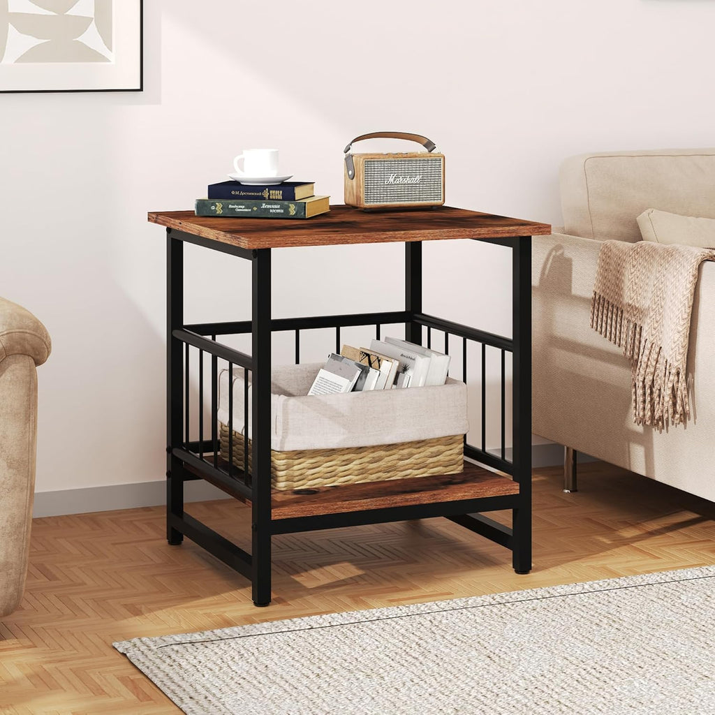 EazeHome Industrial Night Stand, 18” Square Side Table with Open Storage Shelf, Bedside End Table for Bedroom, Heavy Duty Stand for Mini Fridge for Dorm, Kitchen Room, Rustic Brown