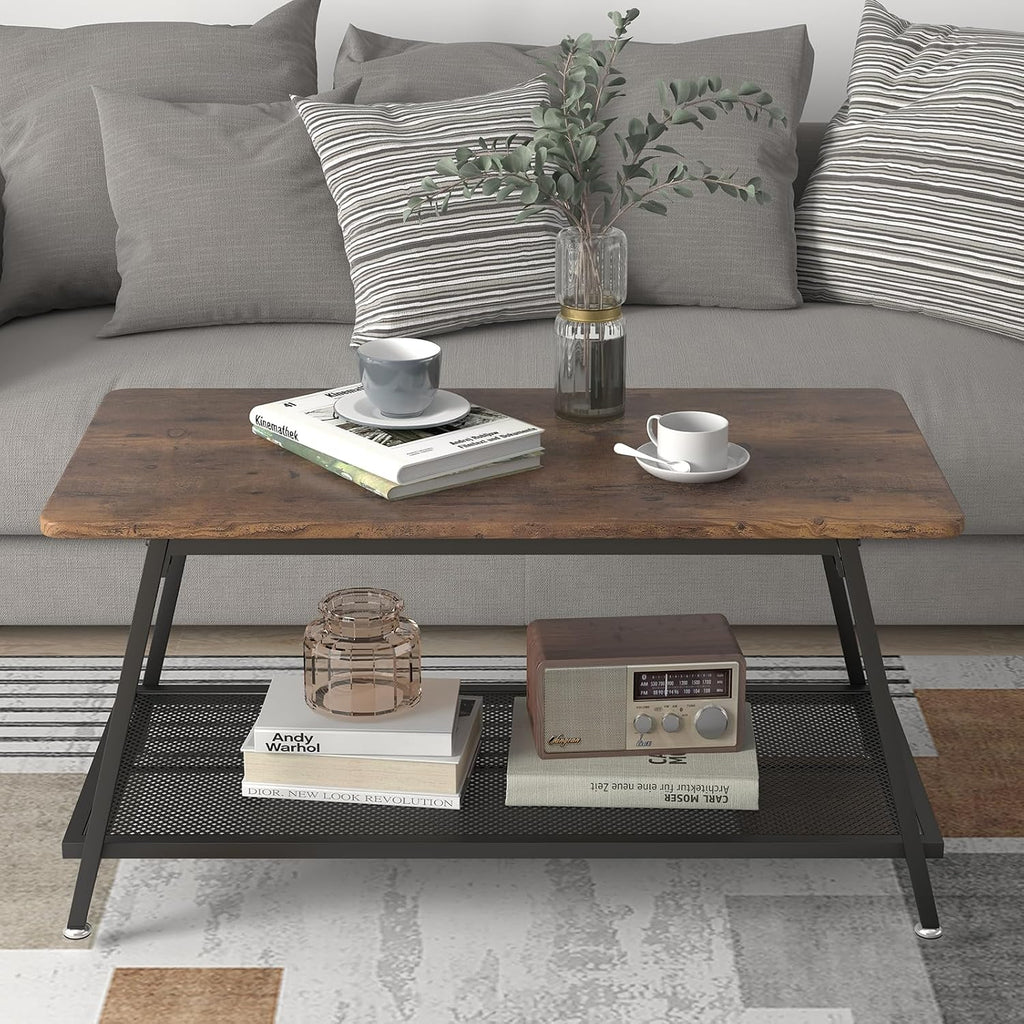 2-Tier Industrial Coffee Table, Wood Top & Metal Frame with Mesh Shelf