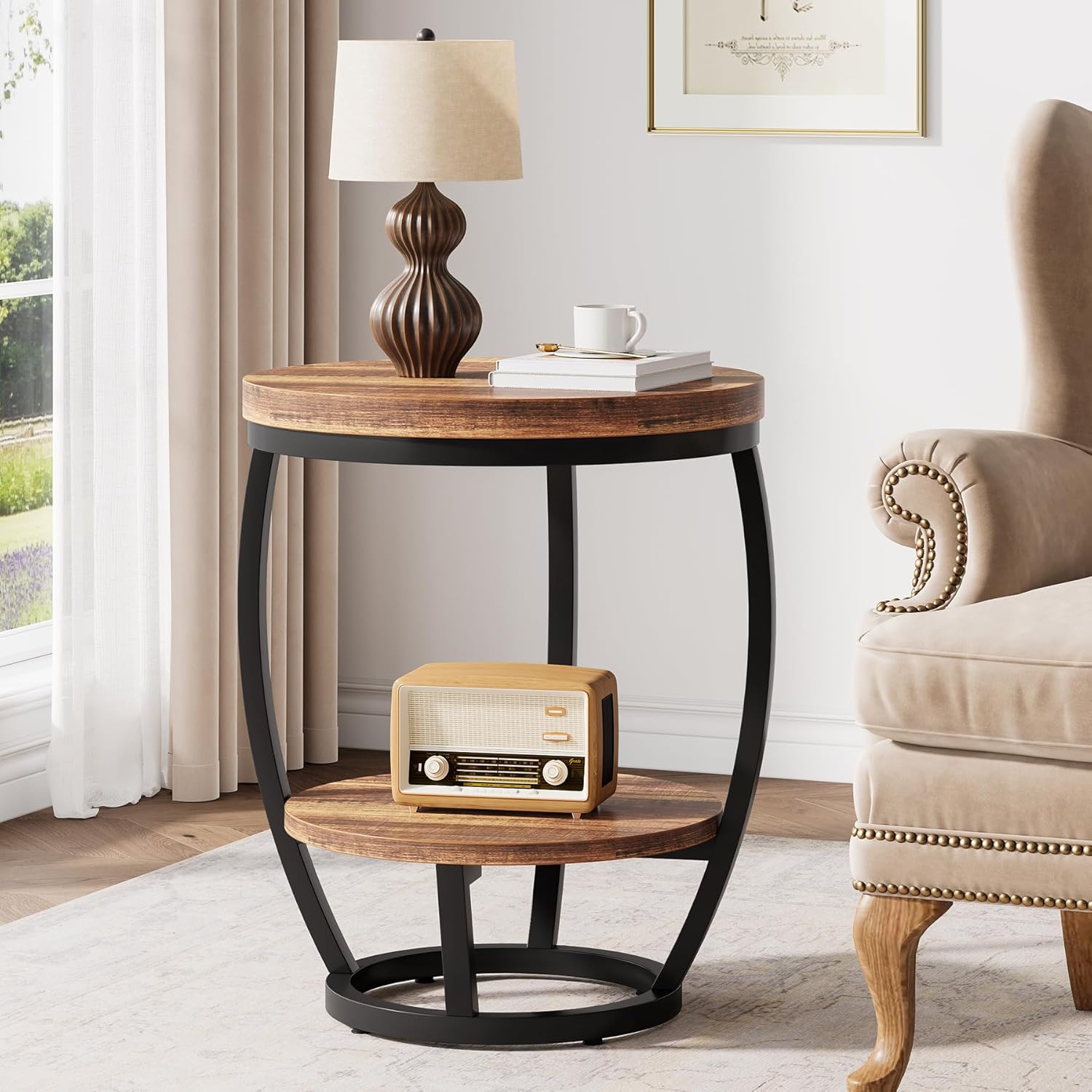 Round End Table, 2 Tier Industrial Side Table, Nightstand with Metal Frame, Accent Bedside Table with Storage Shelves for Living Room, Bedroom, Small Spaces, Rustic Brown & Black