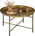 HOMCOM 24" Round Coffee Table with Hammered Tray Top, Vintage Metal Center Table for Living Room, Bedroom, Side Table, Gold