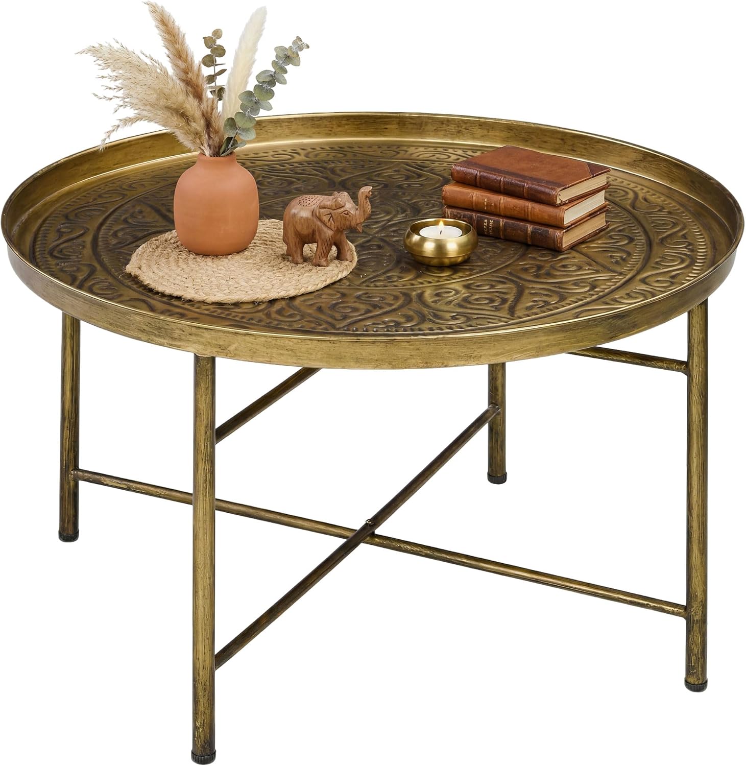HOMCOM 24" Round Coffee Table with Hammered Tray Top, Vintage Metal Center Table for Living Room, Bedroom, Side Table, Gold