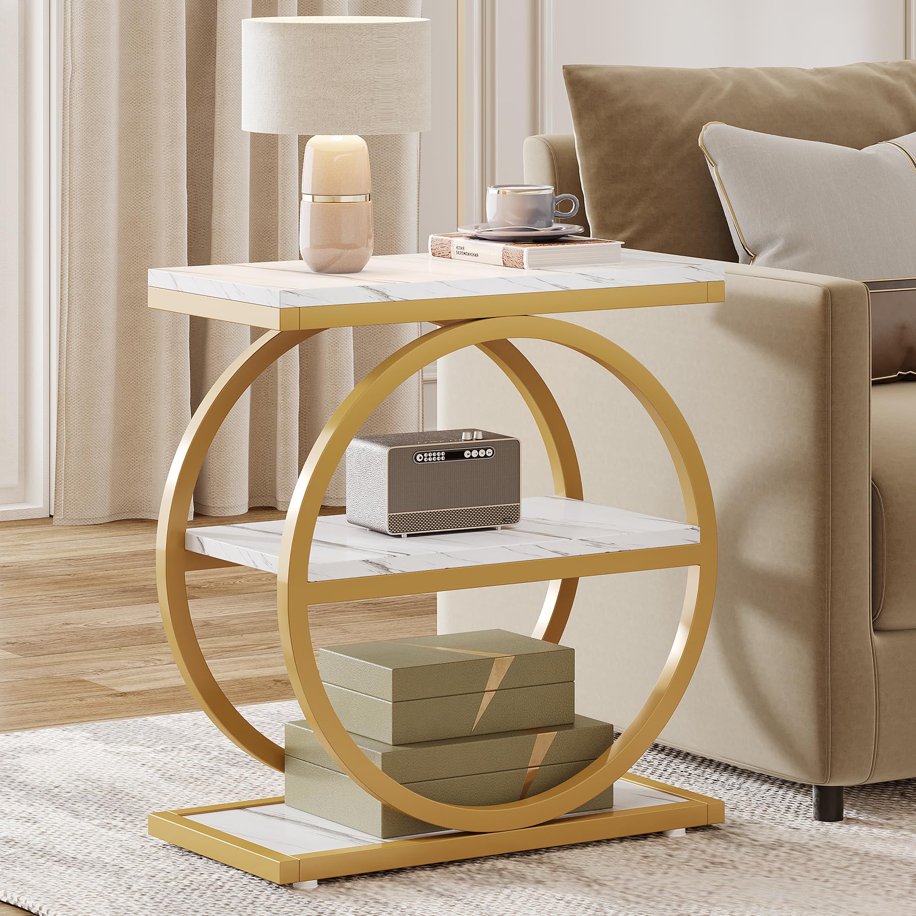 Tribesigns End Table, Narrow End Table with 3 Storage Shelves, Wood Side Table with Black Metal Frames, Industrial Small Sofa Side Table for Living Room, Grey Nightstand and Bedside Table for Bedroom