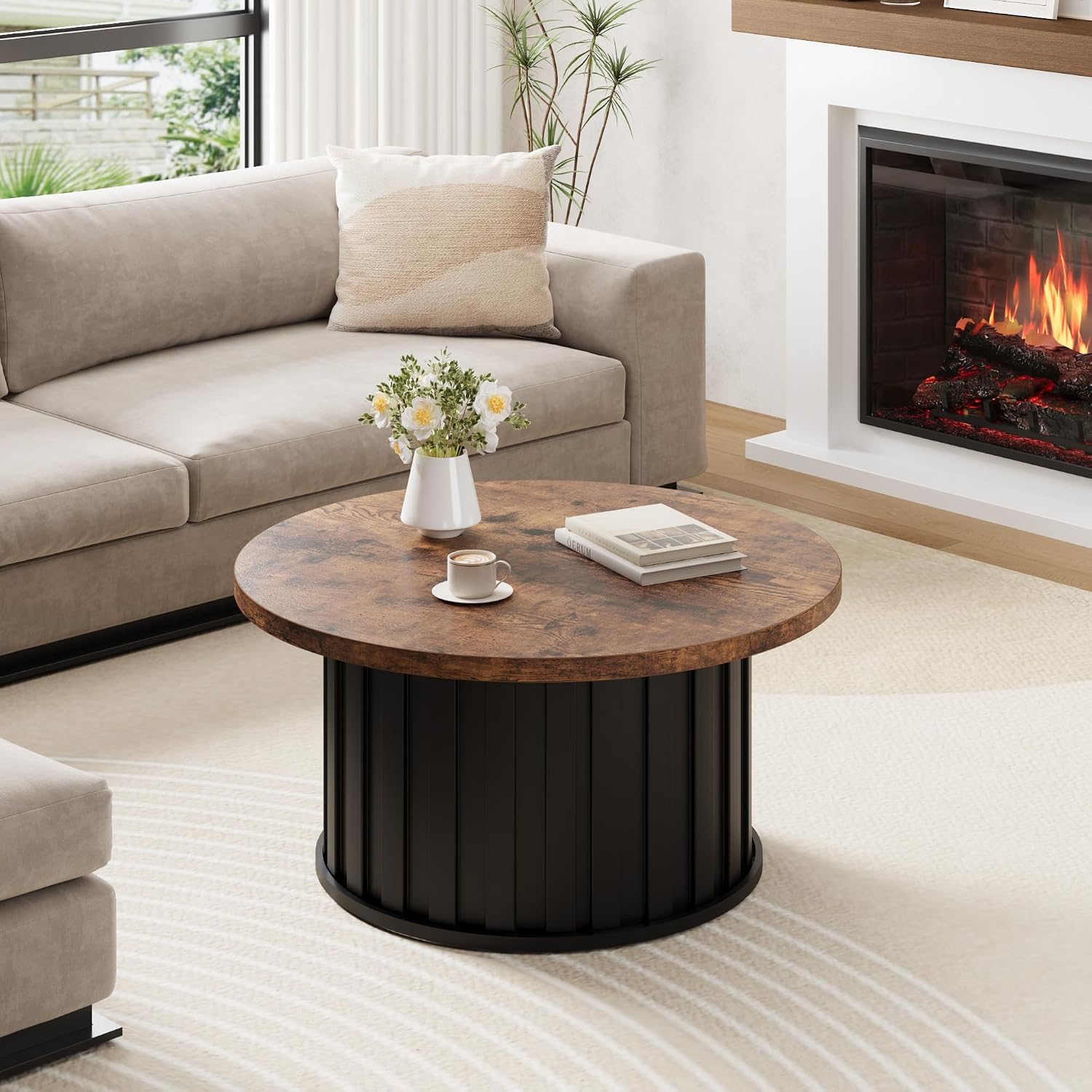 GAOMON 31.9" Round Coffee Table Mid-Century Modern with Fluted Texture & Sturdy Metal Base, Vintage Grey Accent Table for Living Room, Apartment & Small Space, Brown+Black
